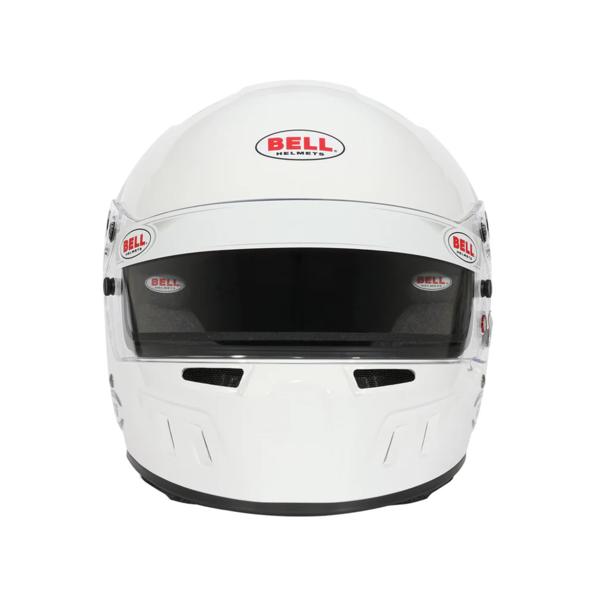 The SA2025 and FIA8859 certified white Bell GT6 Pro Racing Helmet from the front.