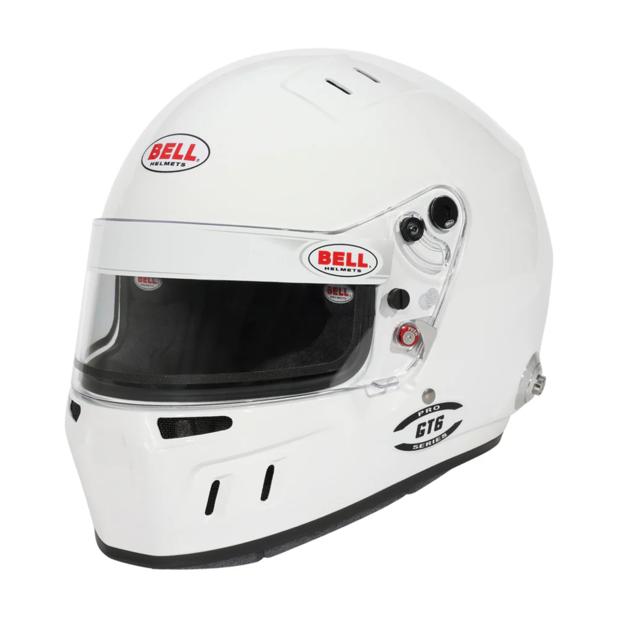 The SA2025 and FIA8859 certified white Bell GT6 Pro Racing Helmet.