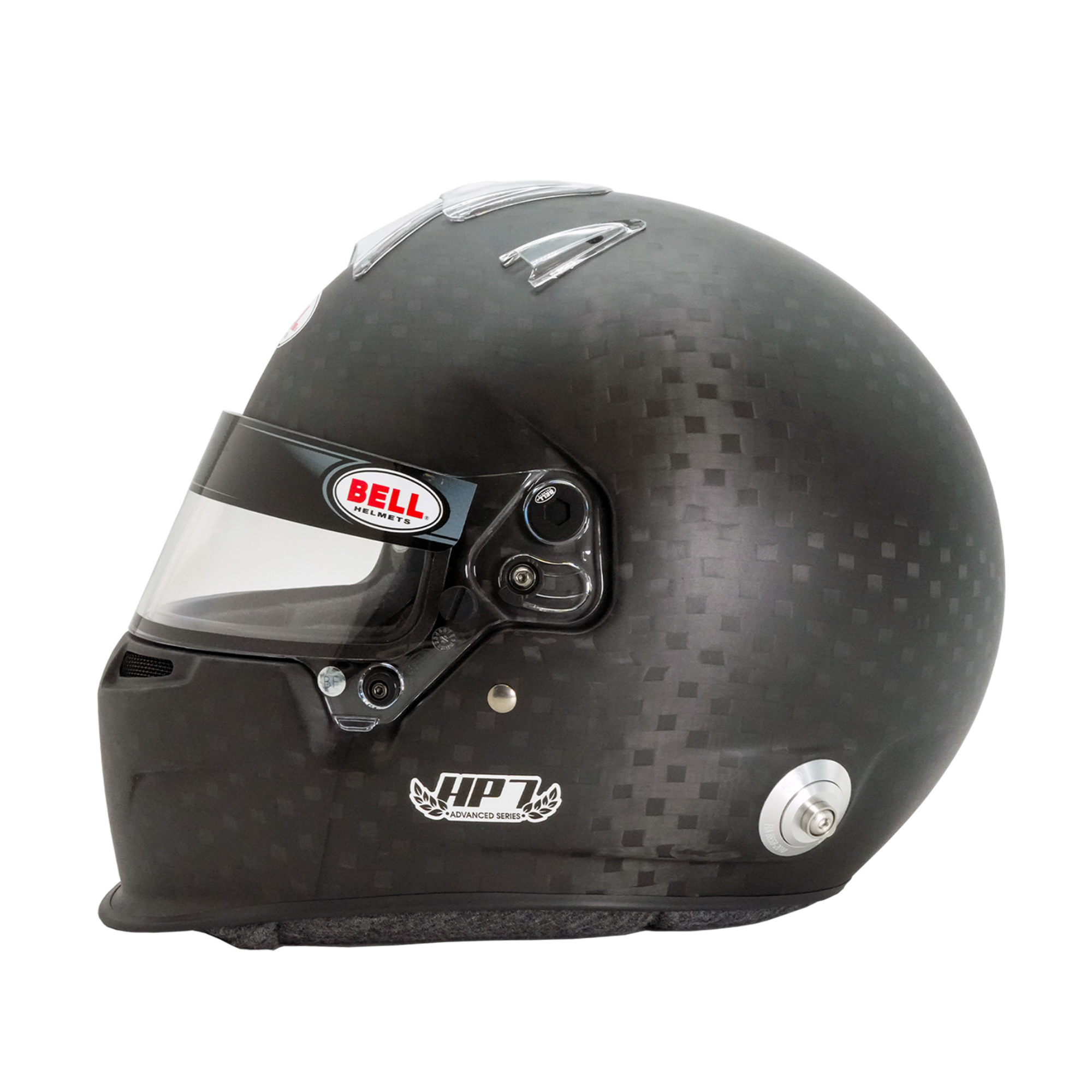 The right side of the FIA 8860-2010 Bell HP7 Evo III Carbon Duckbill Racing Helmet.