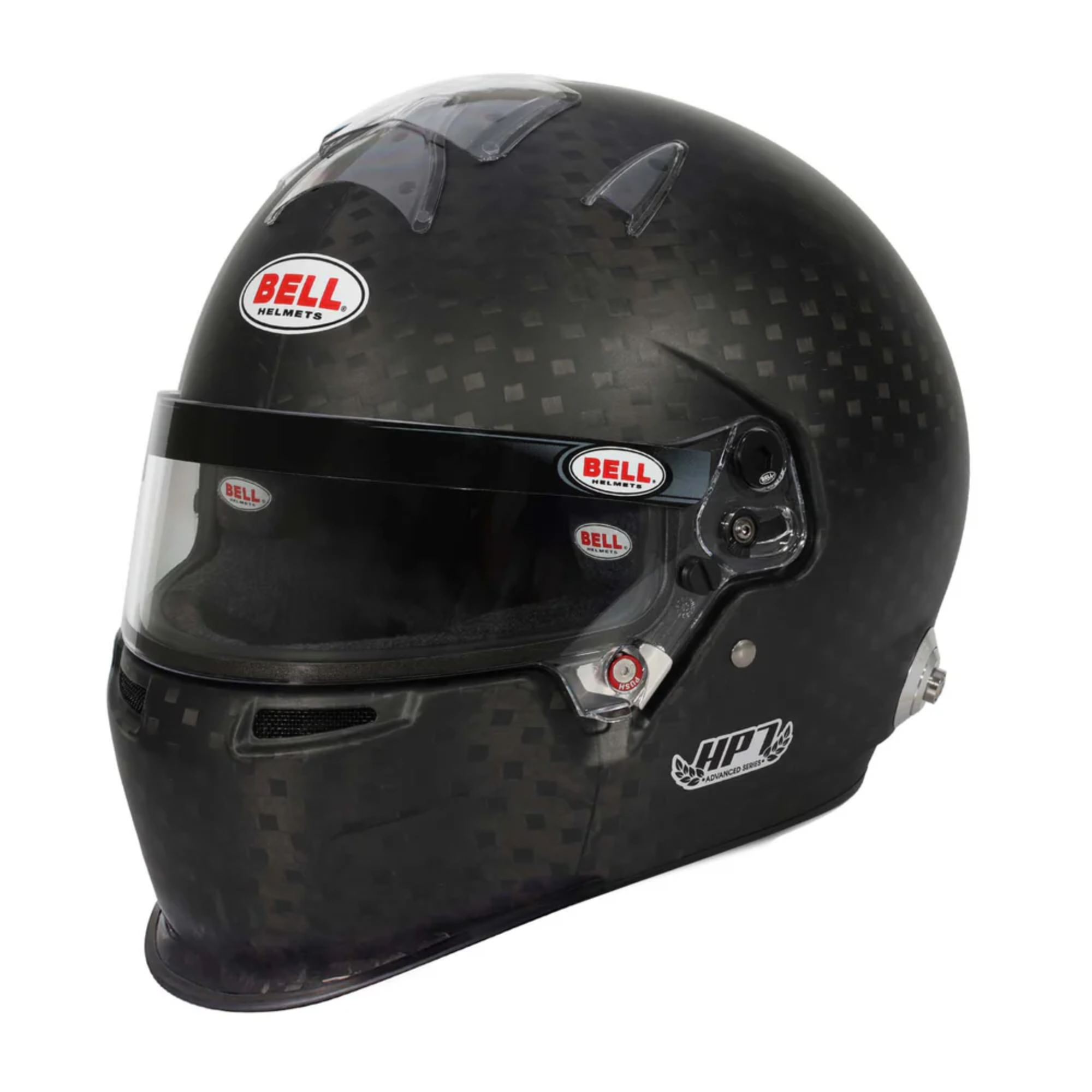 The FIA8860 standard Bell HP7 Evo-IV Carbon Duckbill Racing Helmet.