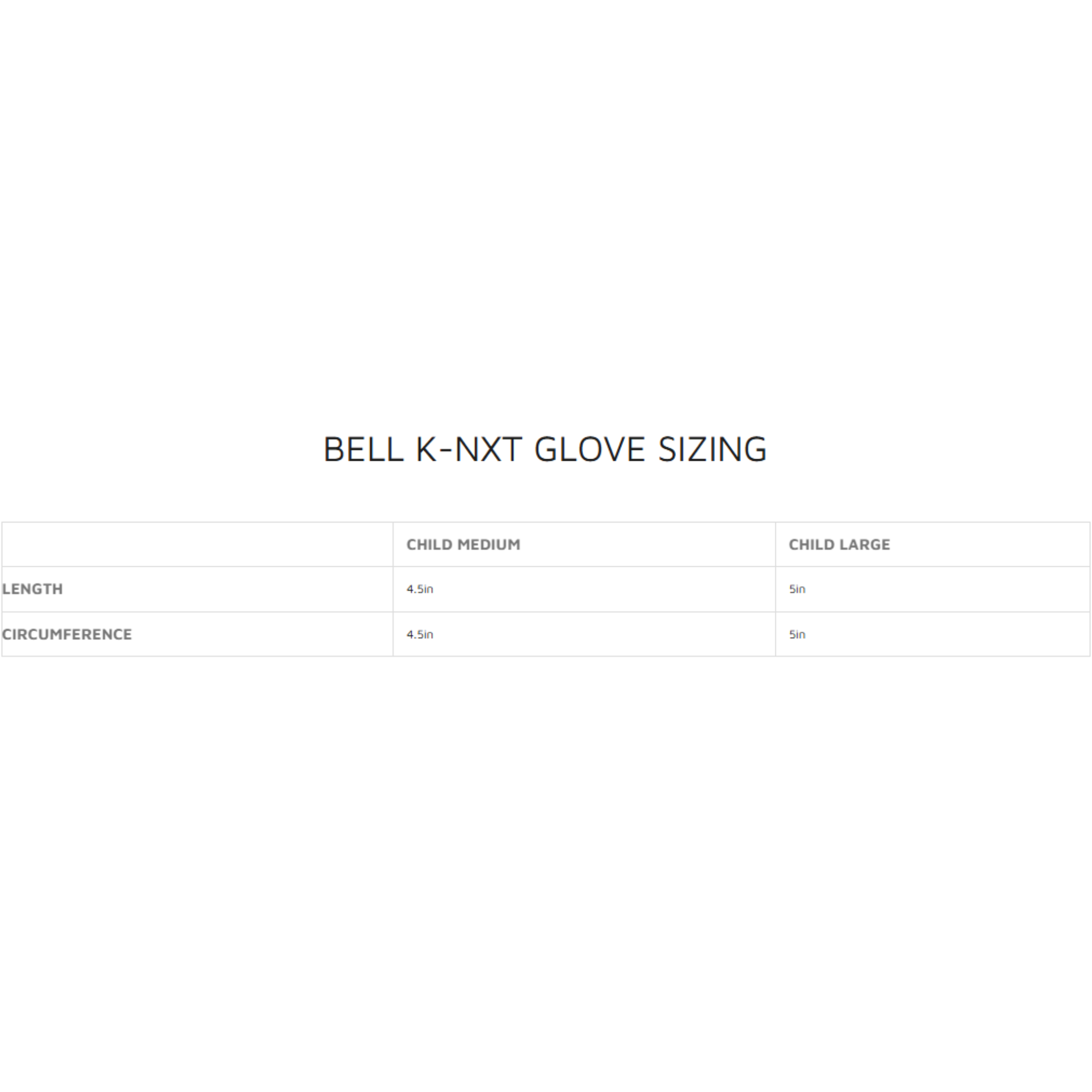 The Bell K-NXT Youth Karting Gloves from Bell size guide. all-groups