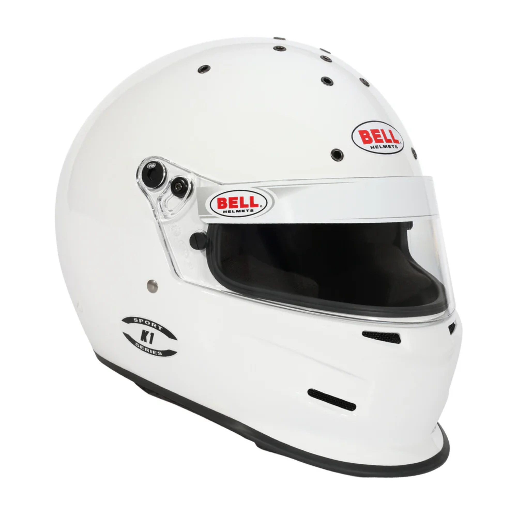 The white Bell K1 Sport Racing Helmet which is Snell SA2025 certified at an angle.