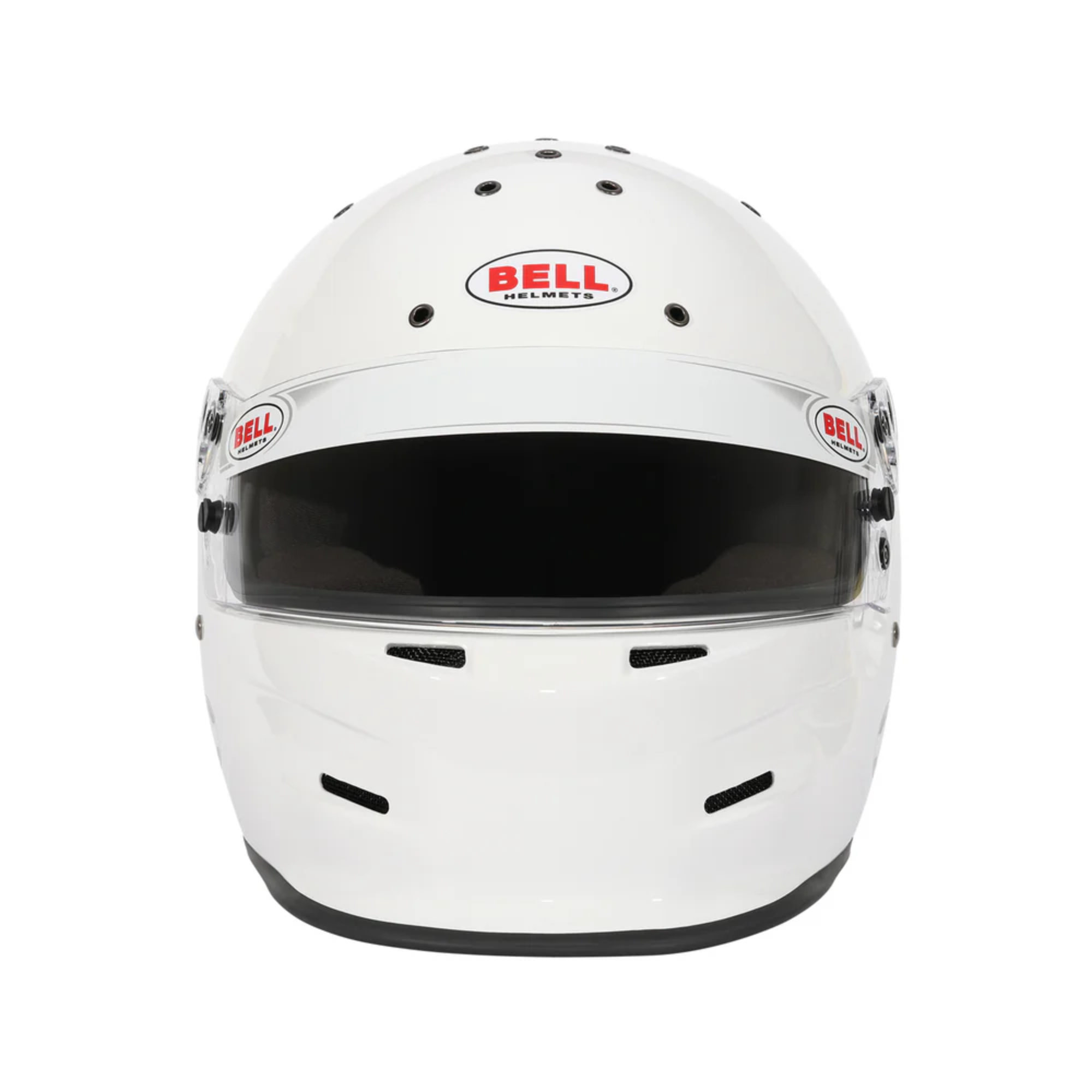 The white Bell K1 Sport Racing Helmet which is Snell SA2025 certified from the front.