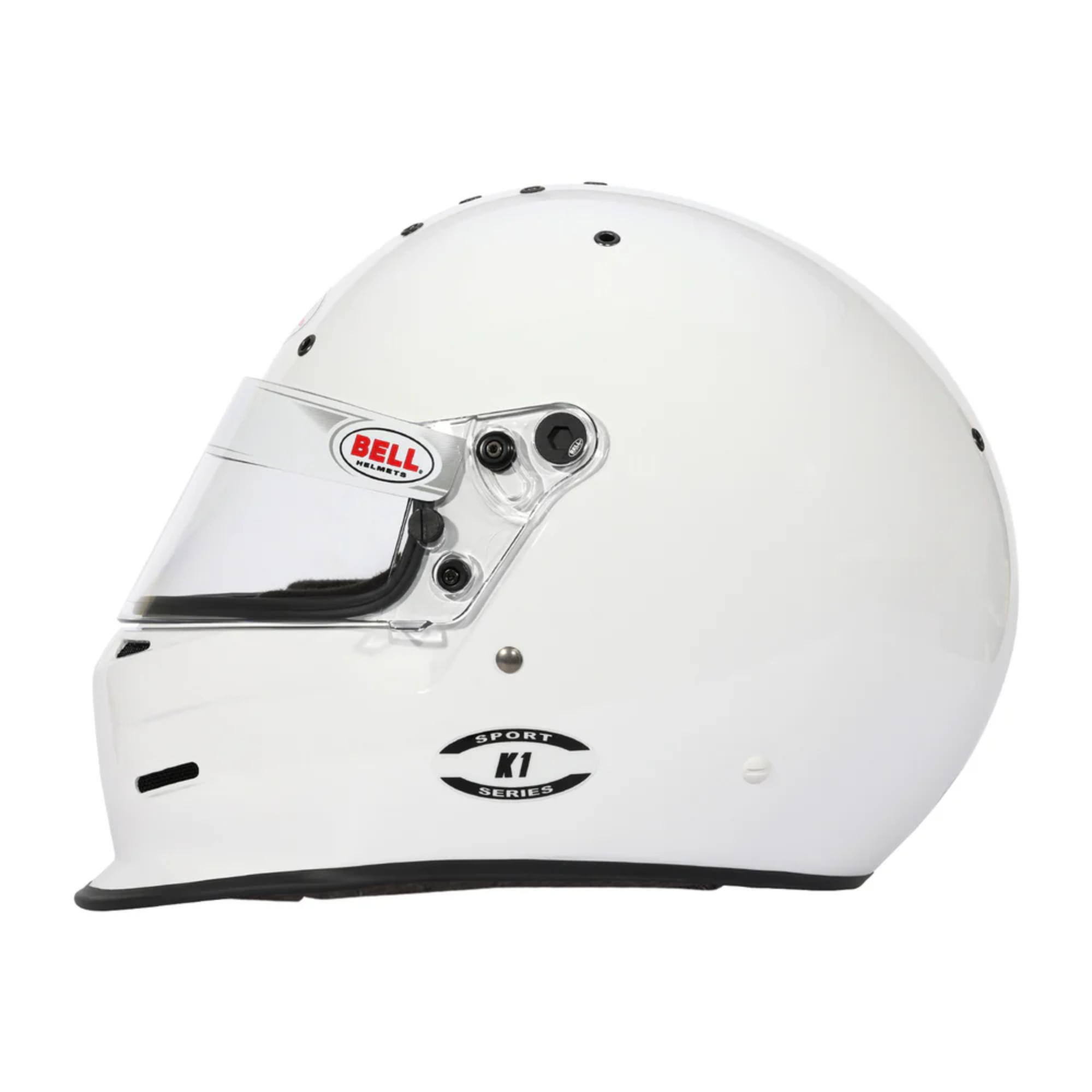 The white Bell K1 Sport Racing Helmet which is Snell SA2025 certified from the side.