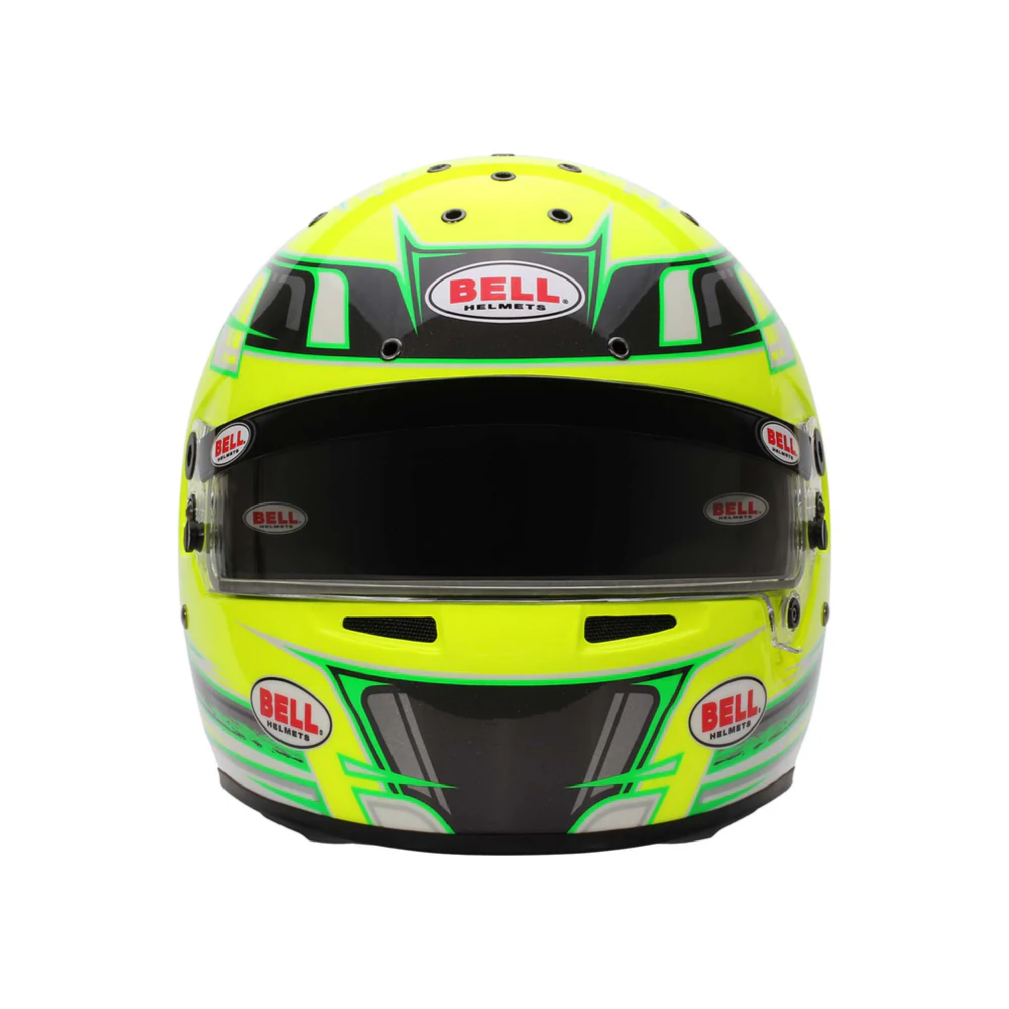 The front of the anthracite and yellow Bell KC7-CMR Pro Champion Karting Helmet.