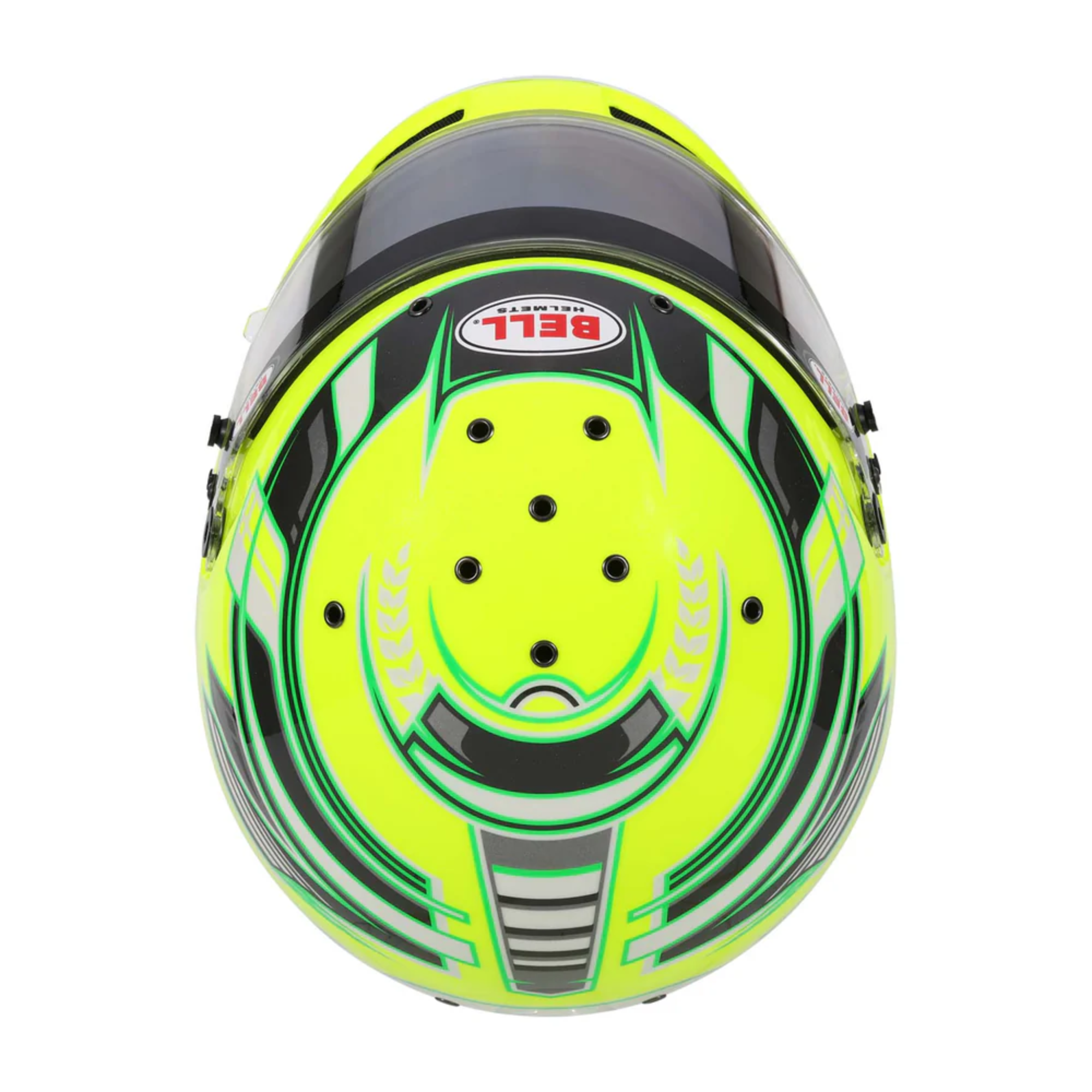 The top of the anthracite and yellow Bell KC7-CMR Pro Champion Karting Helmet.