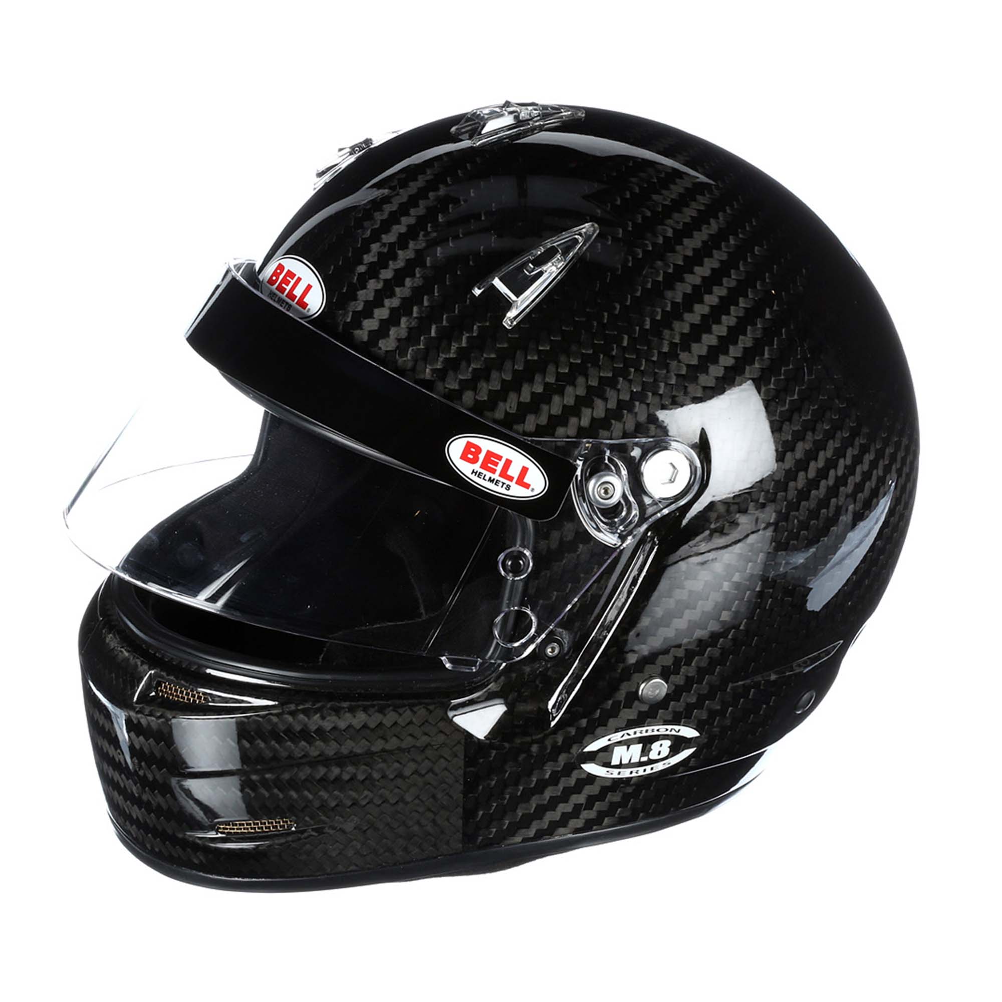 The SA2020 and FIA8859 certified Bell M.8 Carbon Racing Helmet at an angle.