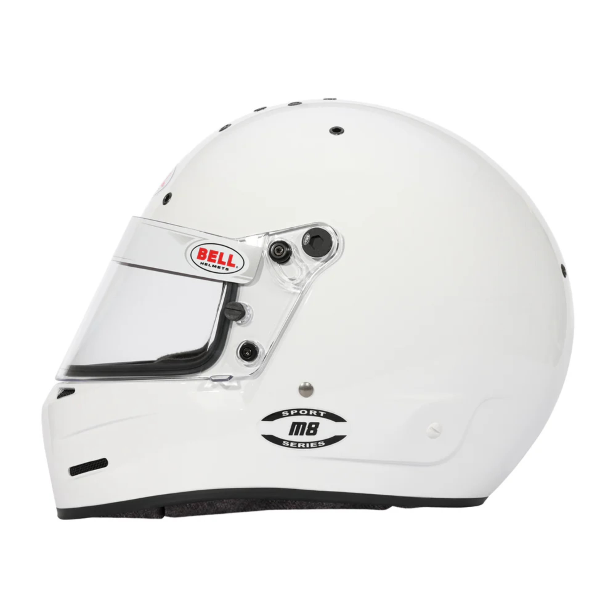 The side of the SA2025 certified white Bell M8 Sport Racing Helmet.