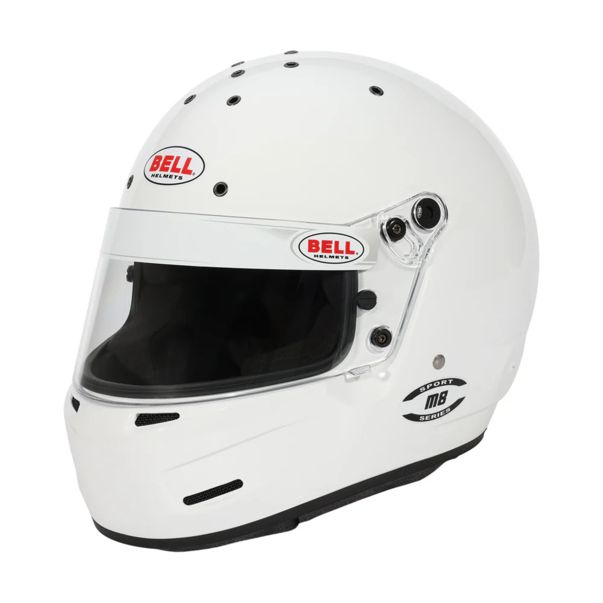 The SA2025 certified white Bell M8 Sport Racing Helmet.