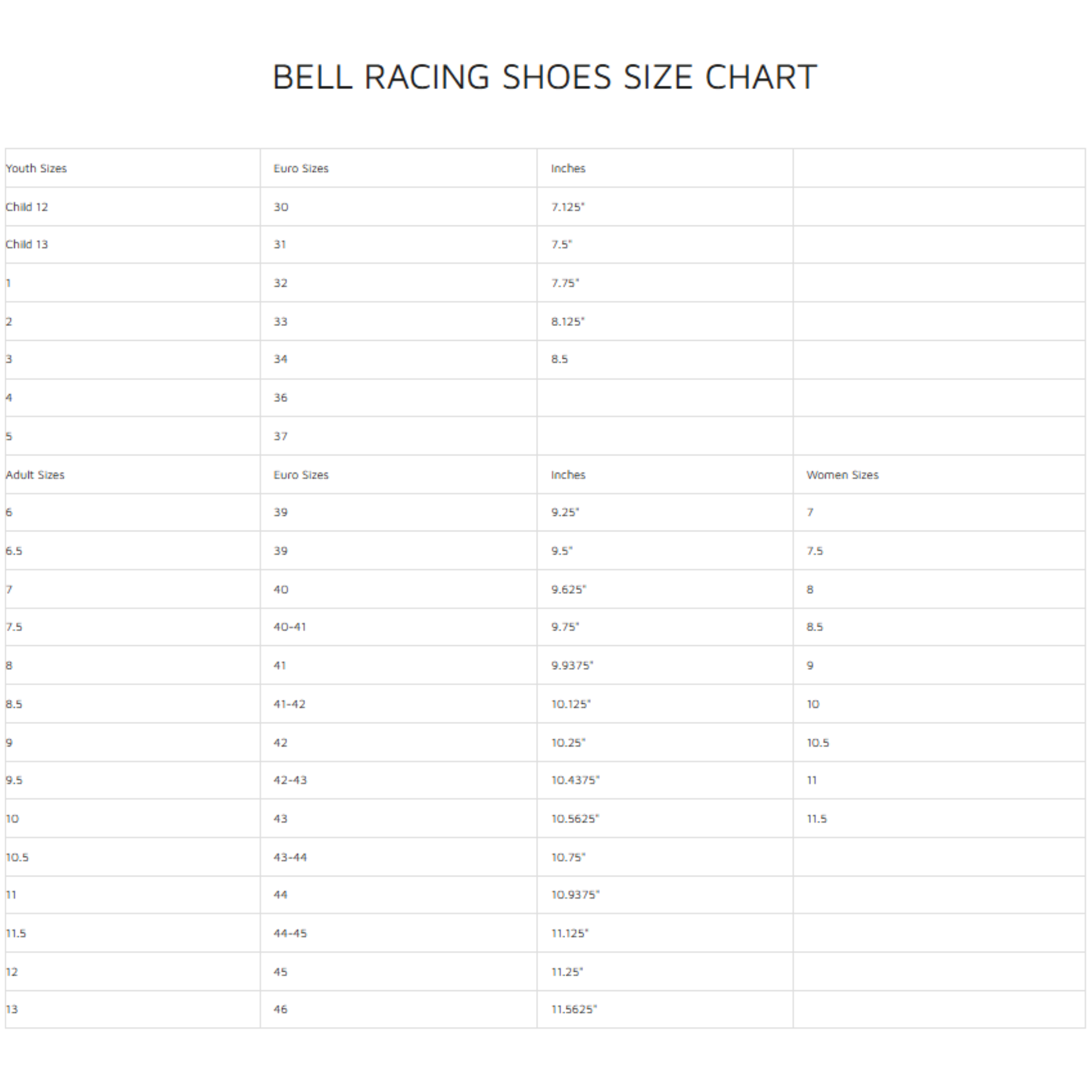 The bell racing shoes size chart sizing guide. all-groups