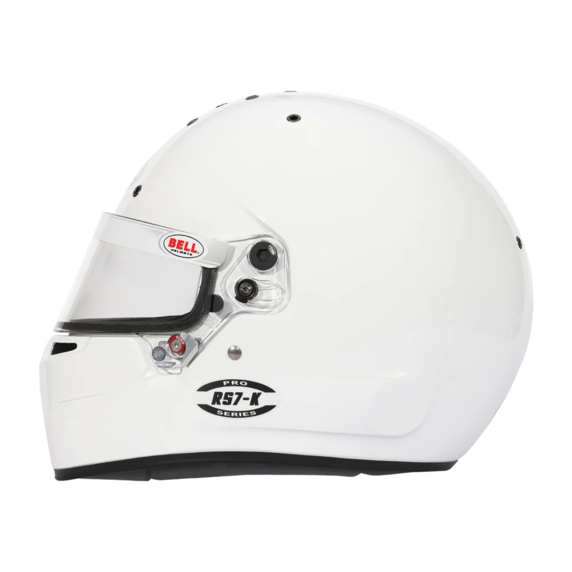 The side of the K2025 and FIA8878 certified white Bell RS7-K Pro Karting Helmet.