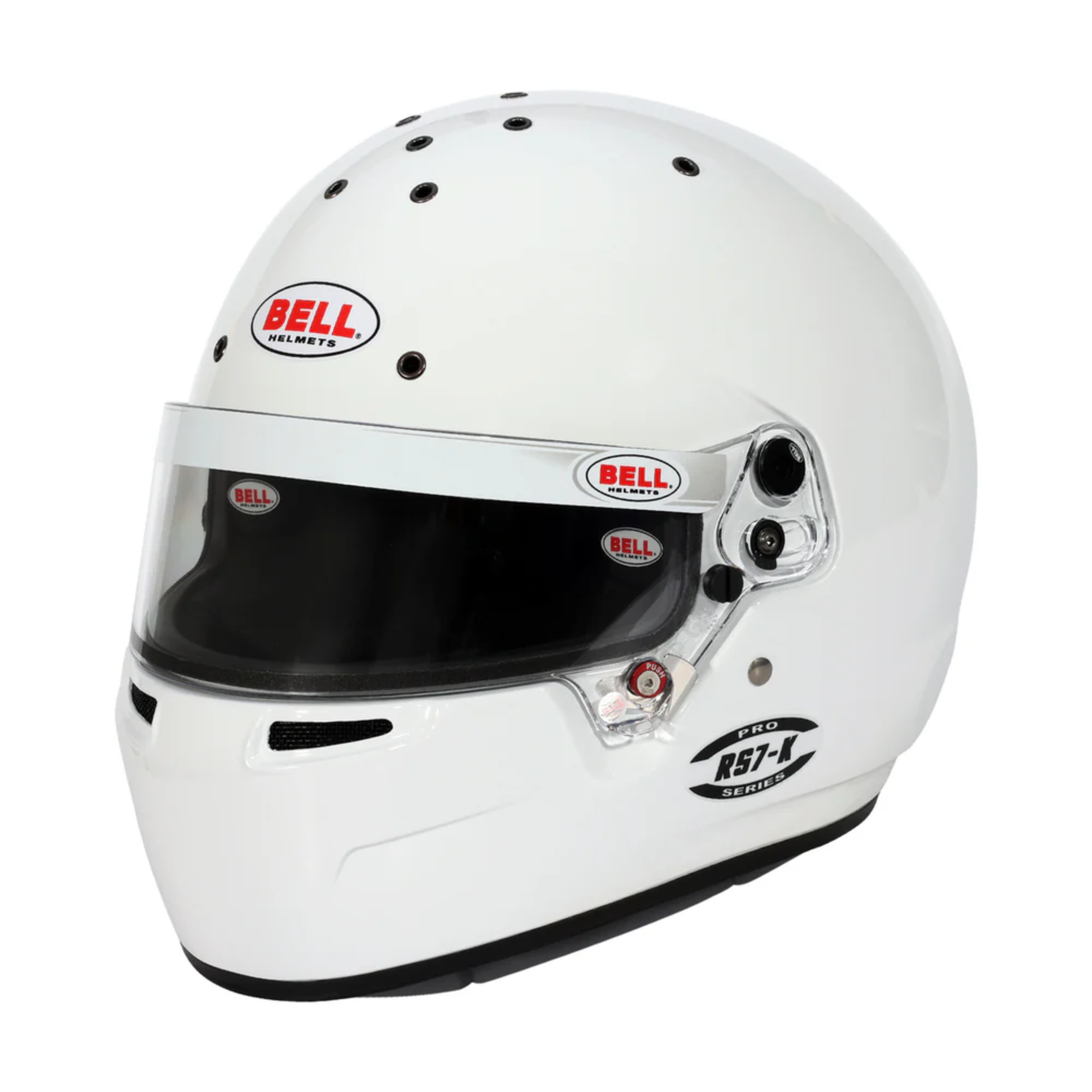 The K2025 and FIA8878 certified white Bell RS7-K Pro Karting Helmet.