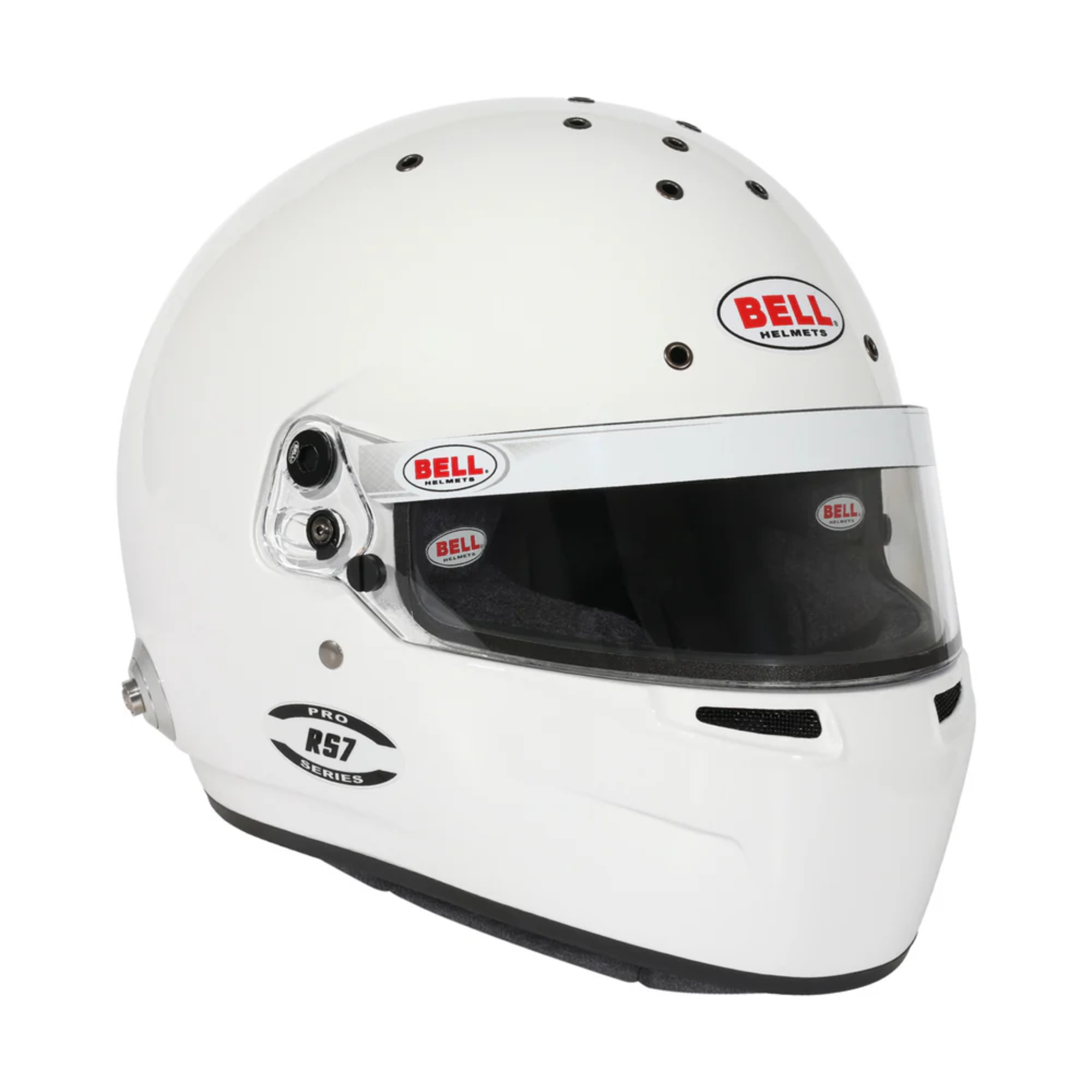 The white Bell RS7 Pro Racing Helmet - SA2025 / FIA8859 at an angle.