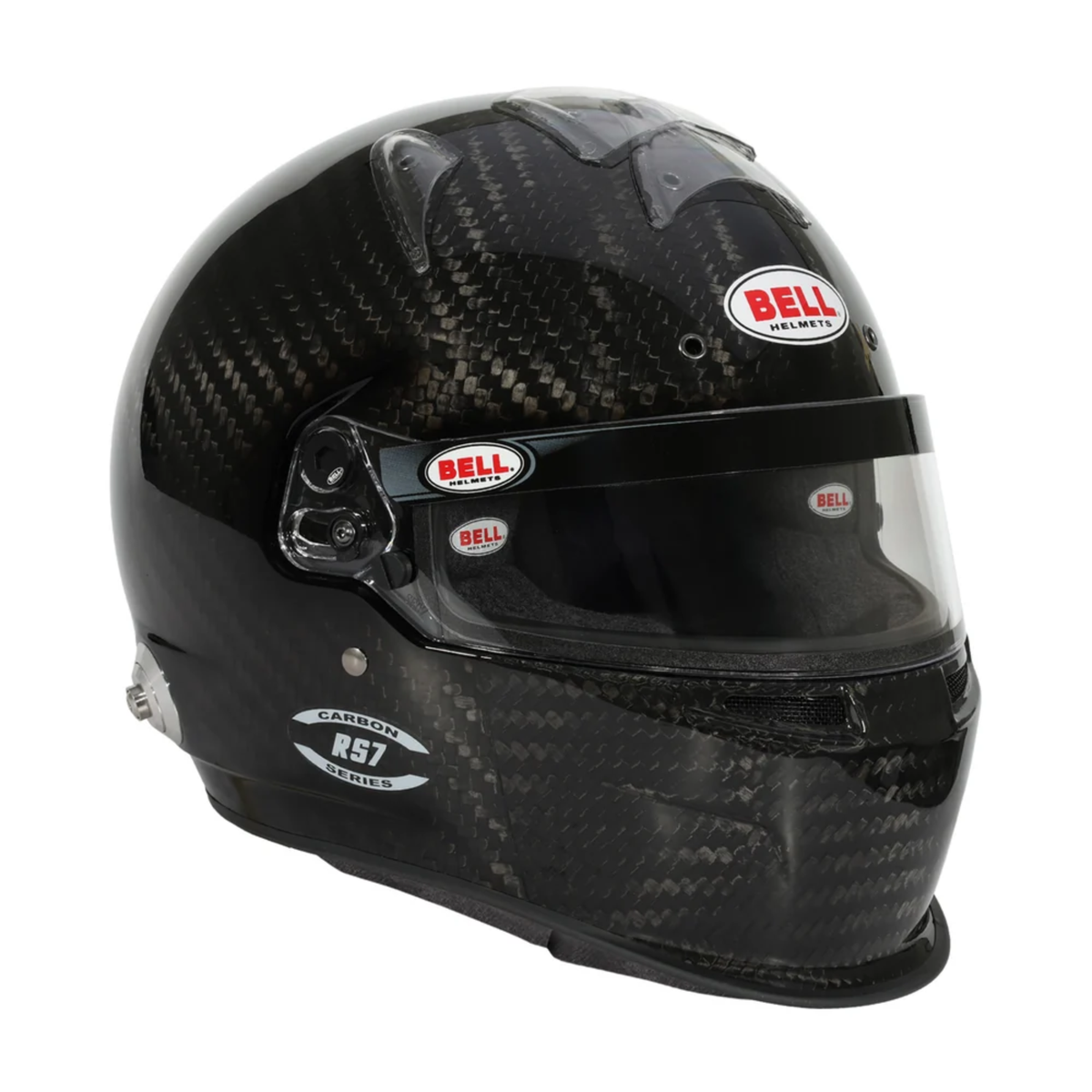 The SA2025 / FIA8859 homologated Bell RS7 Ultra Carbon Duckbill Racing Helmet at an angle.