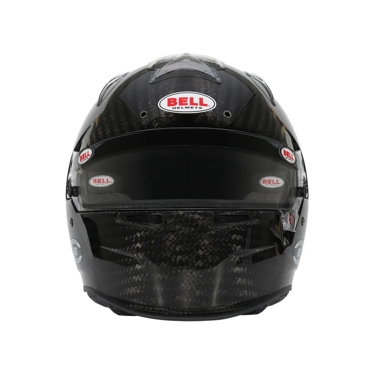 The front of the SA2025 / FIA8859 homologated Bell RS7 Ultra Carbon Duckbill Racing Helmet.