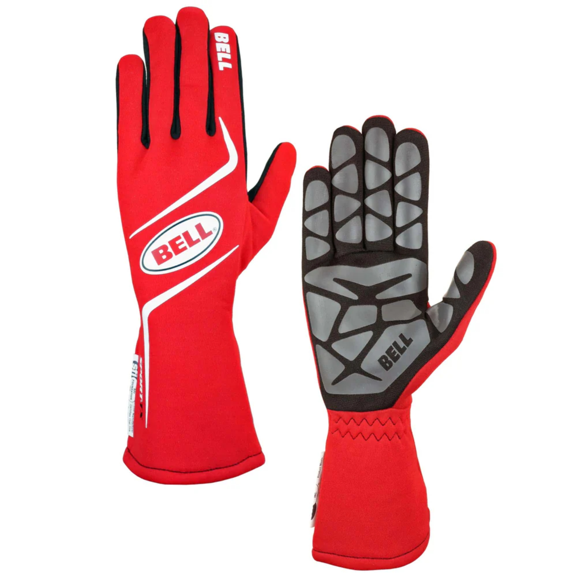 A pair of the red Bell Sport-TX Racing Gloves from Bell showing the front and back.