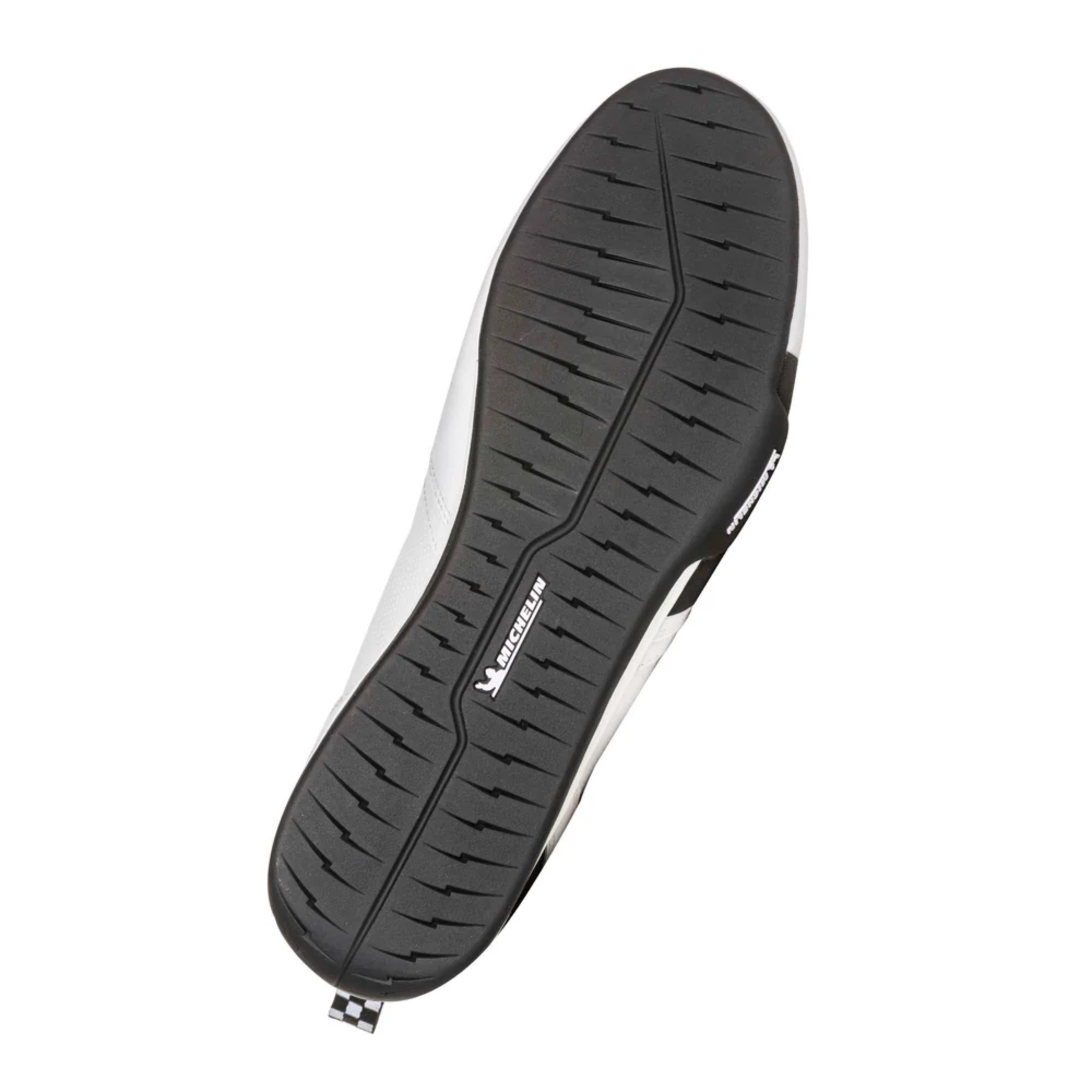 The white Chicane GT1 Racing Shoes showing the sole, or the bottom, of the shoe.