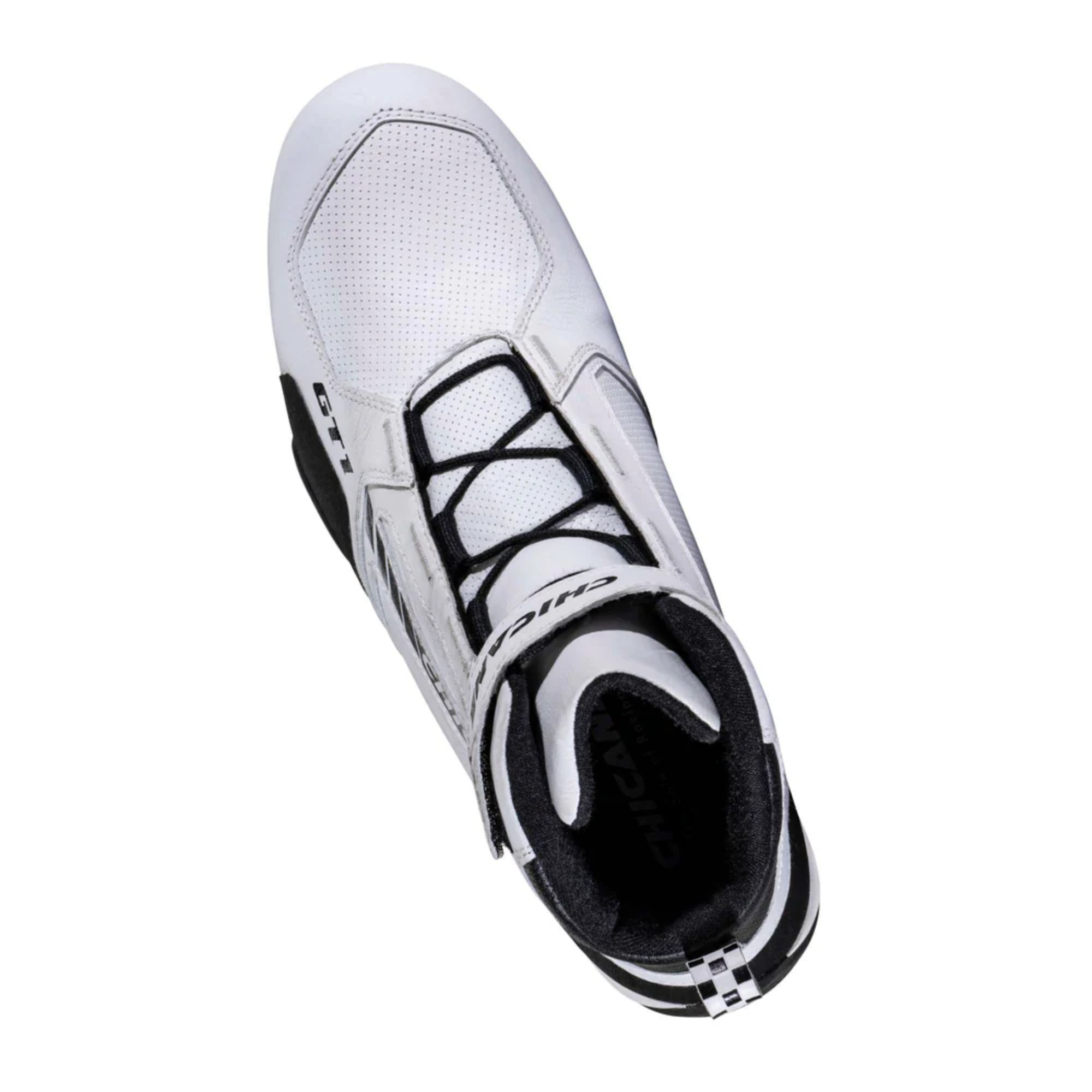 The white Chicane GT1 Racing Shoes shown from the top.