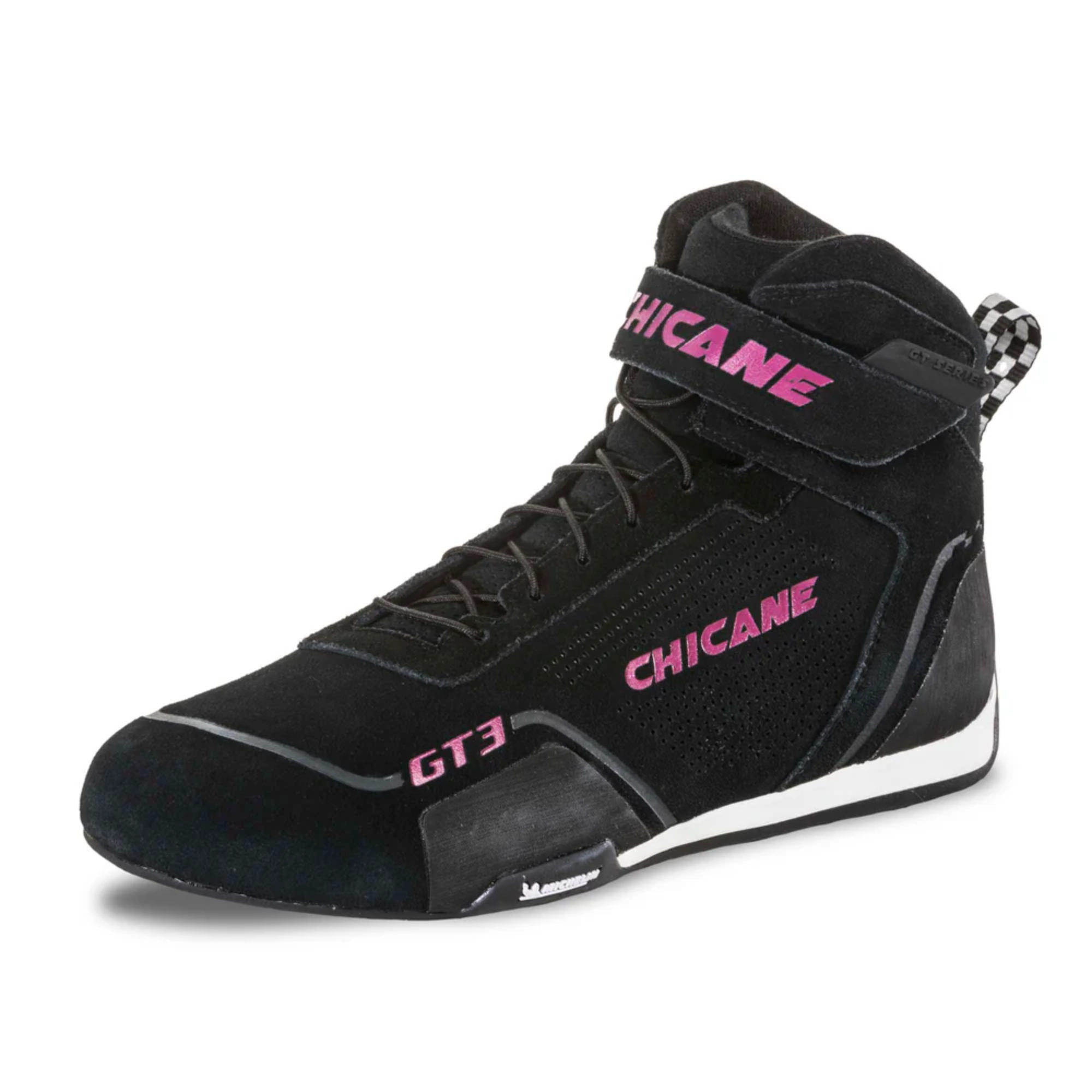 The black Chicane GT3 Women's Racing Shoes - SFI 3.3 with pink accents.