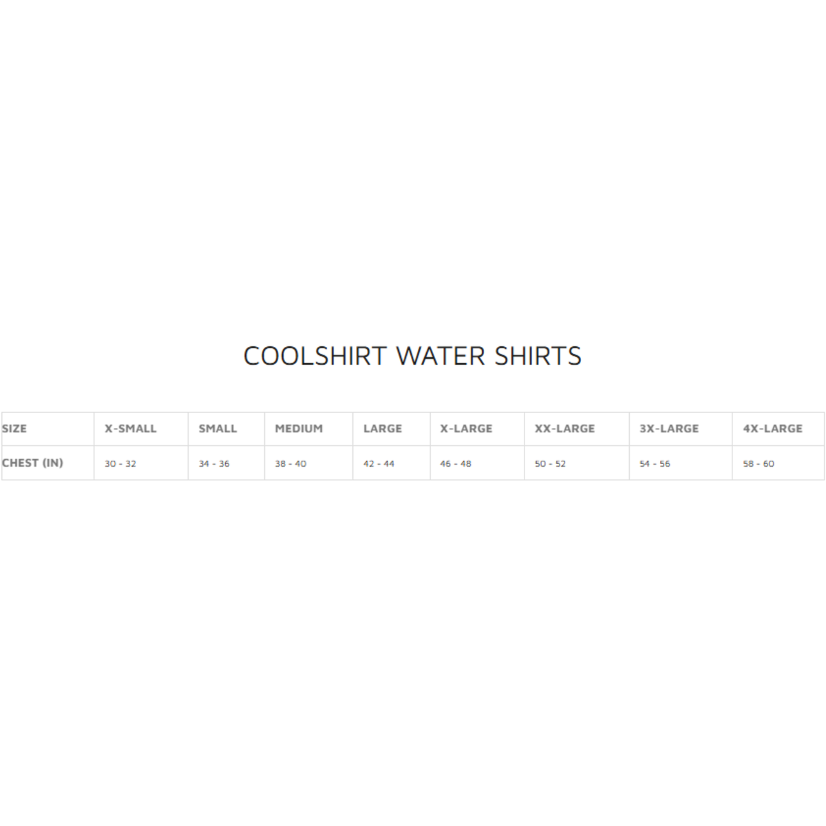 The size chart for Coolshirt Water Shirts.