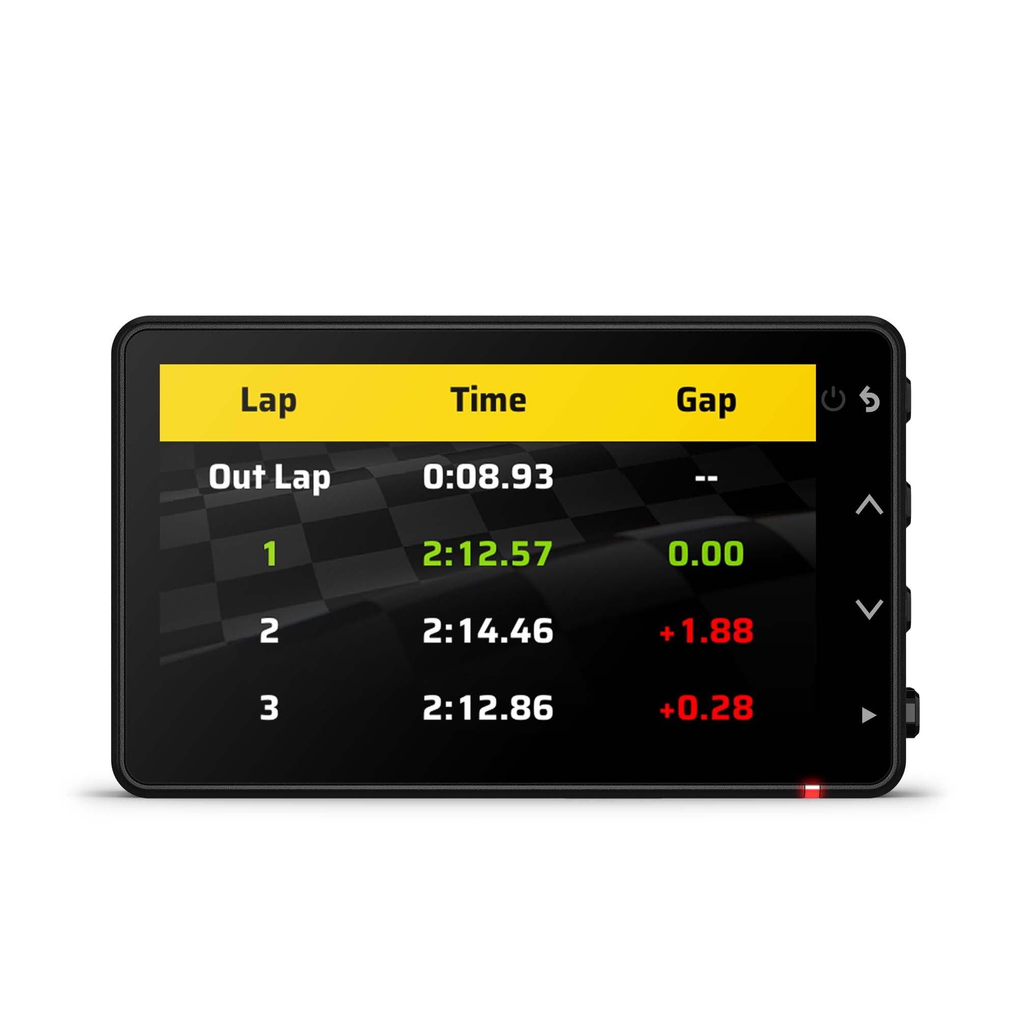 The Garmin Catalyst 2 Driving Performance Optimizer showing your lap times.