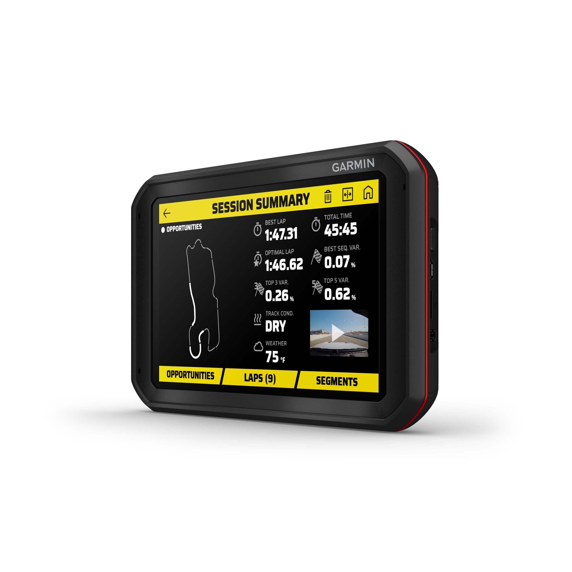 The Garmin Catalyst Driving Performance Optimizer showing a session summary including best lap, optimal lap. track map, total time, weather and a recording.