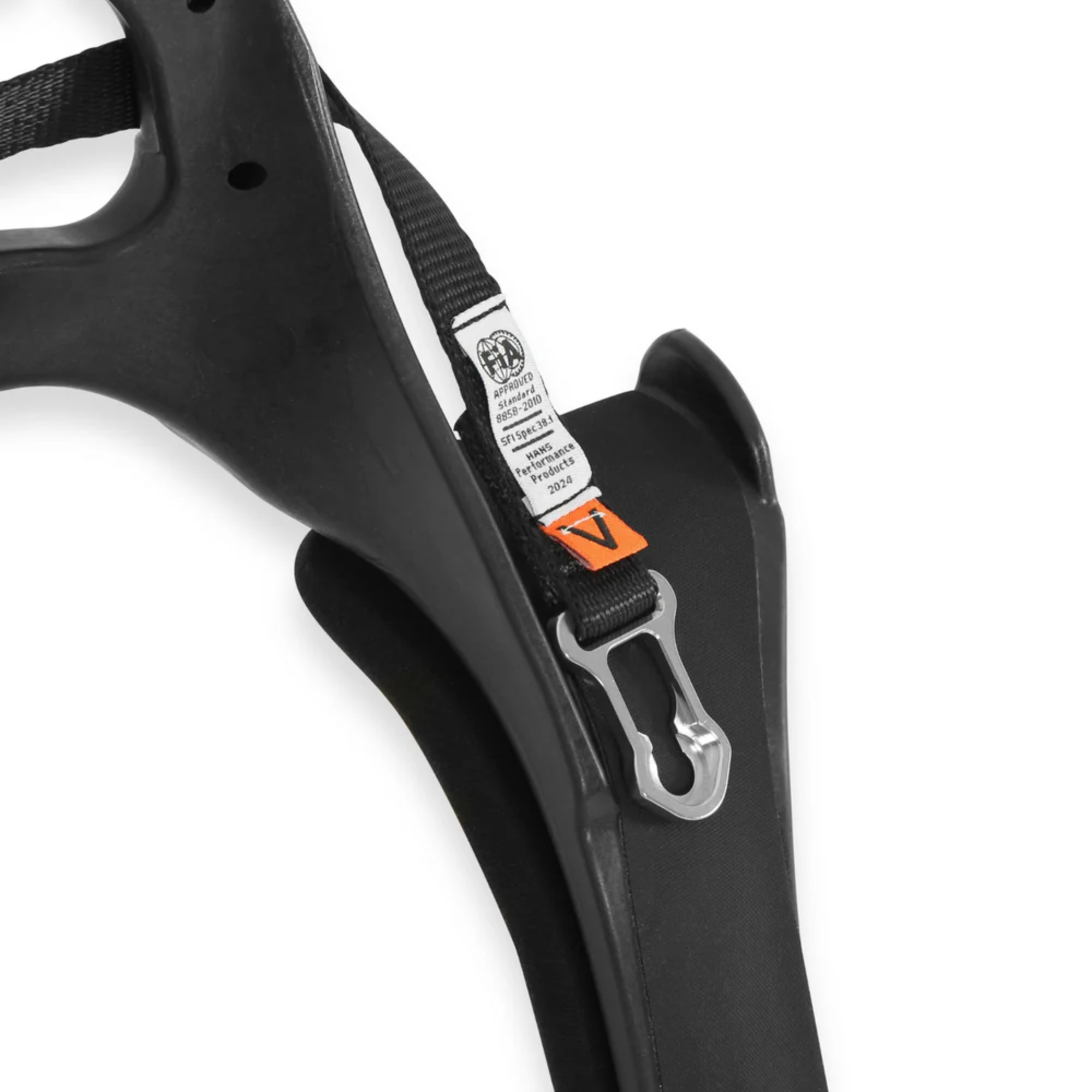 The Hans IV SFI/FIA Device - Post Anchor from HANS showing the strap and buckle close up.