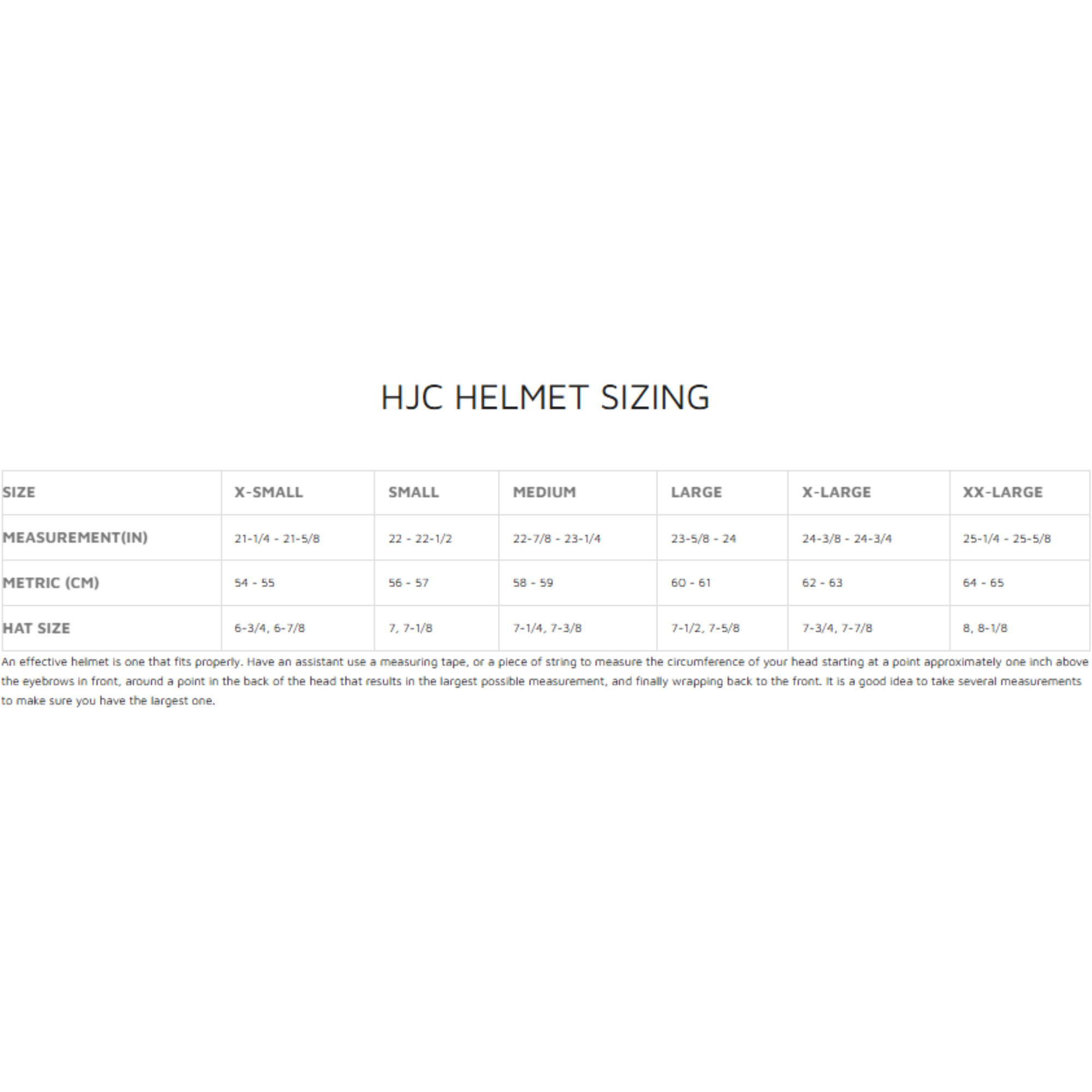 The size guide for HJC auto racing helmets. all-groups