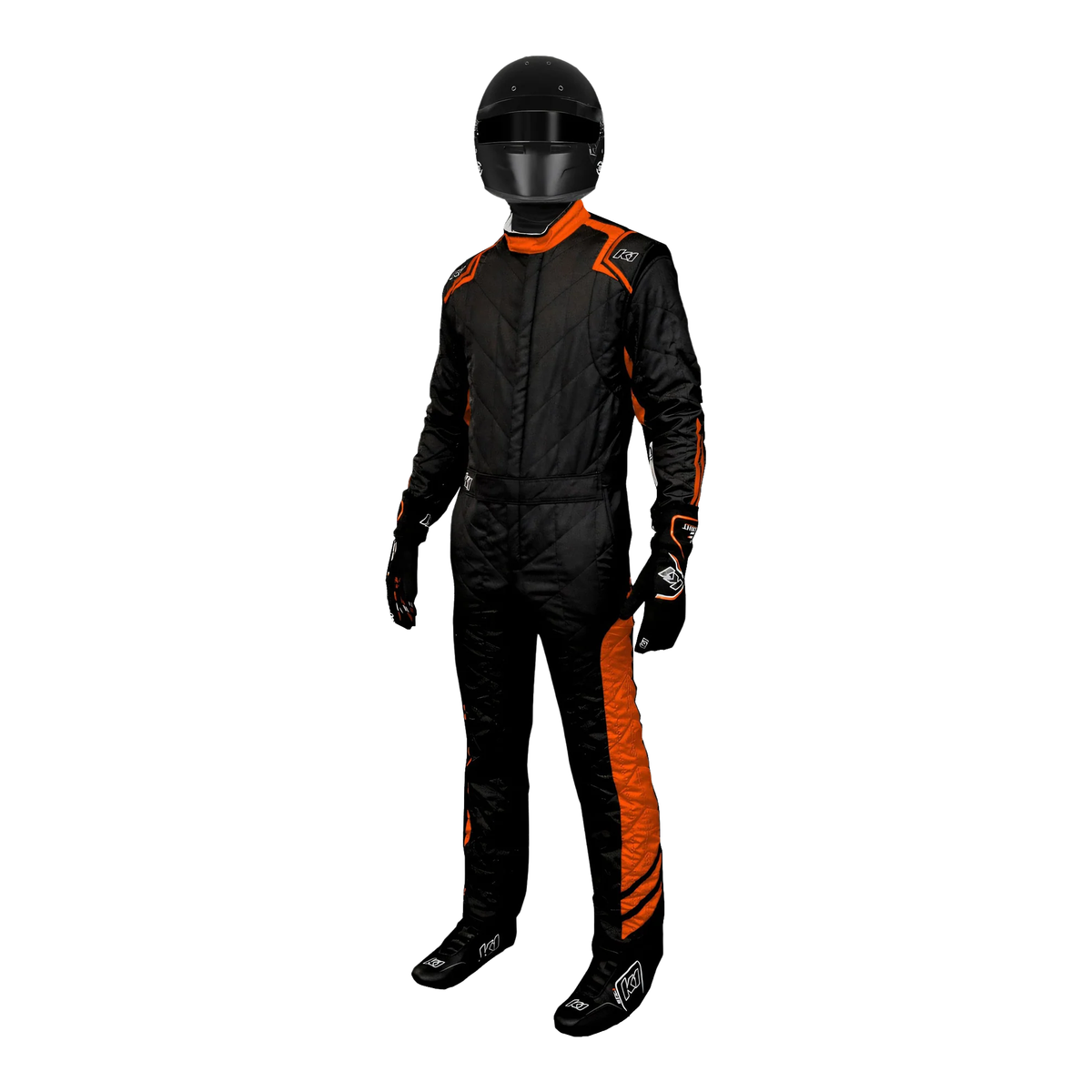 The front of the orange SFI 3.4/5 homologated K1 RaceGear Aero SFI Racing Suit.