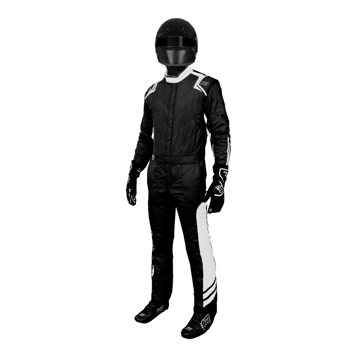 The front of the white SFI 3.4/5 homologated K1 RaceGear Aero SFI Racing Suit.