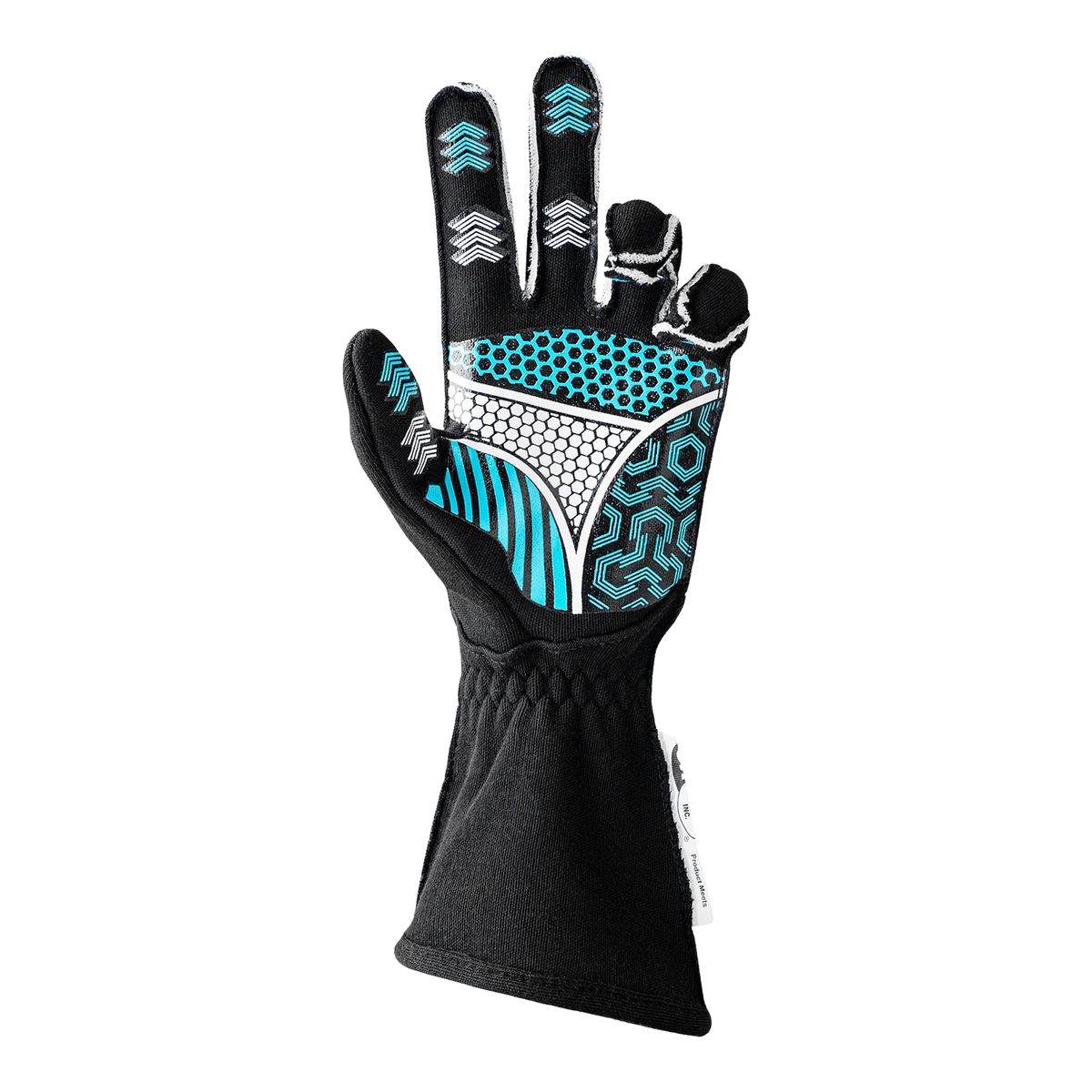 The palm of the black and flo blue SFI 3.3/5 homologated K1 RaceGear Flex Nomex Racing Gloves.