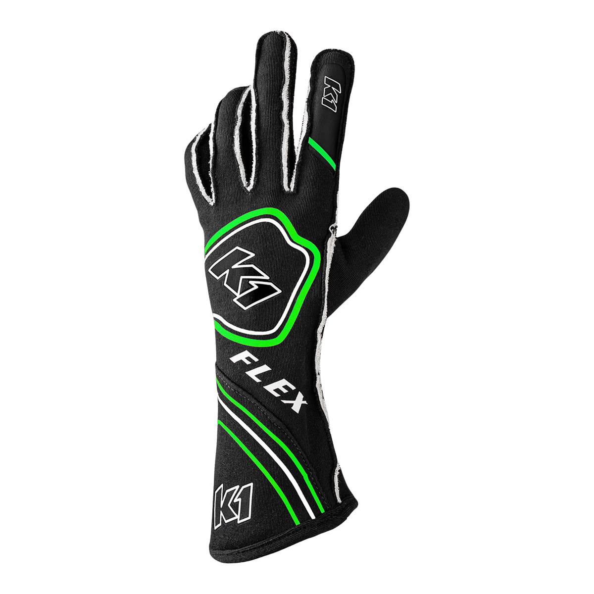 The back of the black and flo green SFI 3.3/5 homologated K1 RaceGear Flex Nomex Racing Gloves.