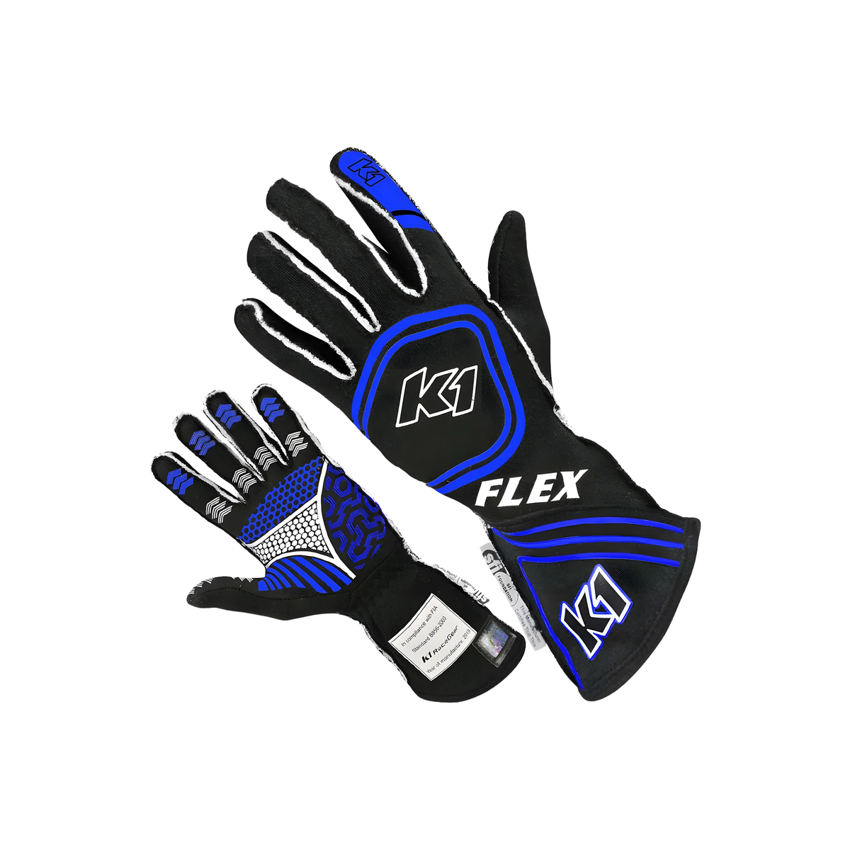 The blue SFI 3.3/5 homologated K1 RaceGear Flex Youth Nomex Racing Gloves.