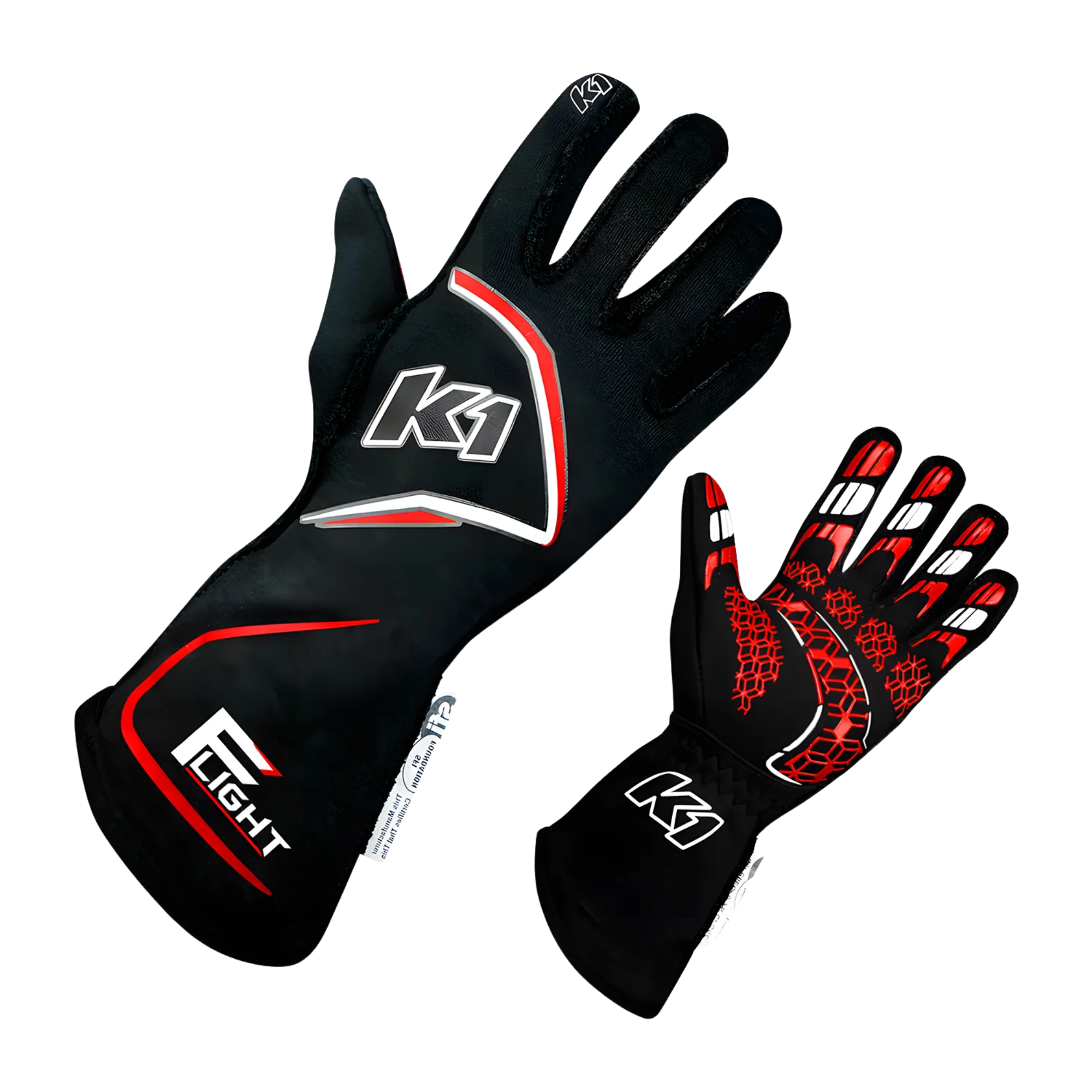 The black and red K1 RaceGear Flight Nomex Racing Gloves.
