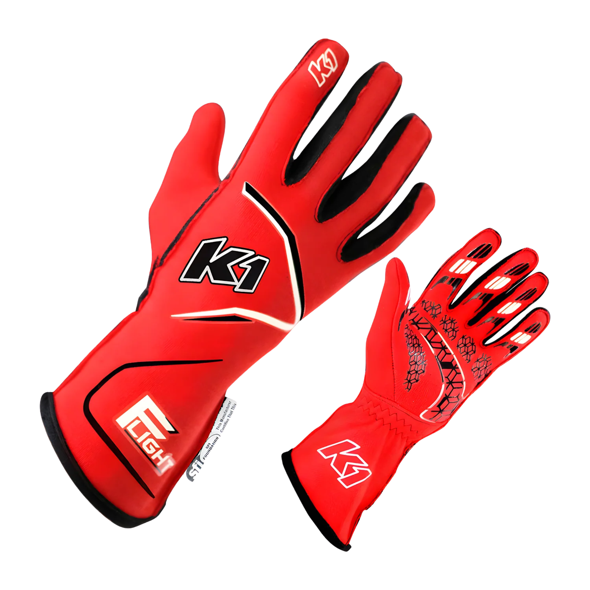 The red K1 RaceGear Flight Nomex Racing Gloves.
