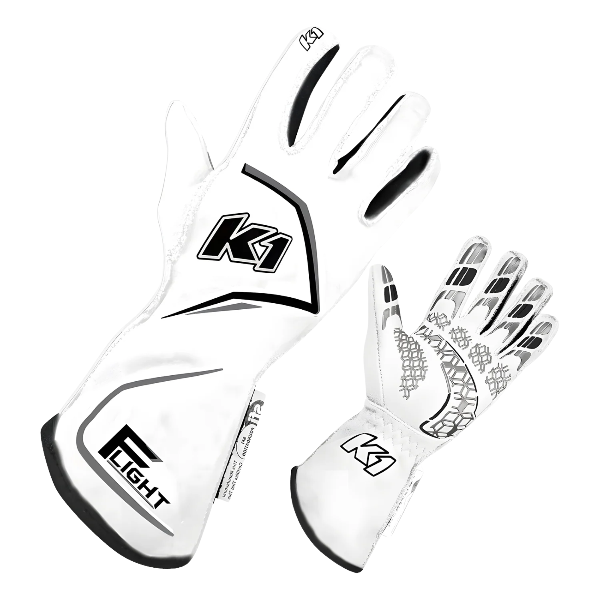 The white K1 RaceGear Flight Nomex Racing Gloves.