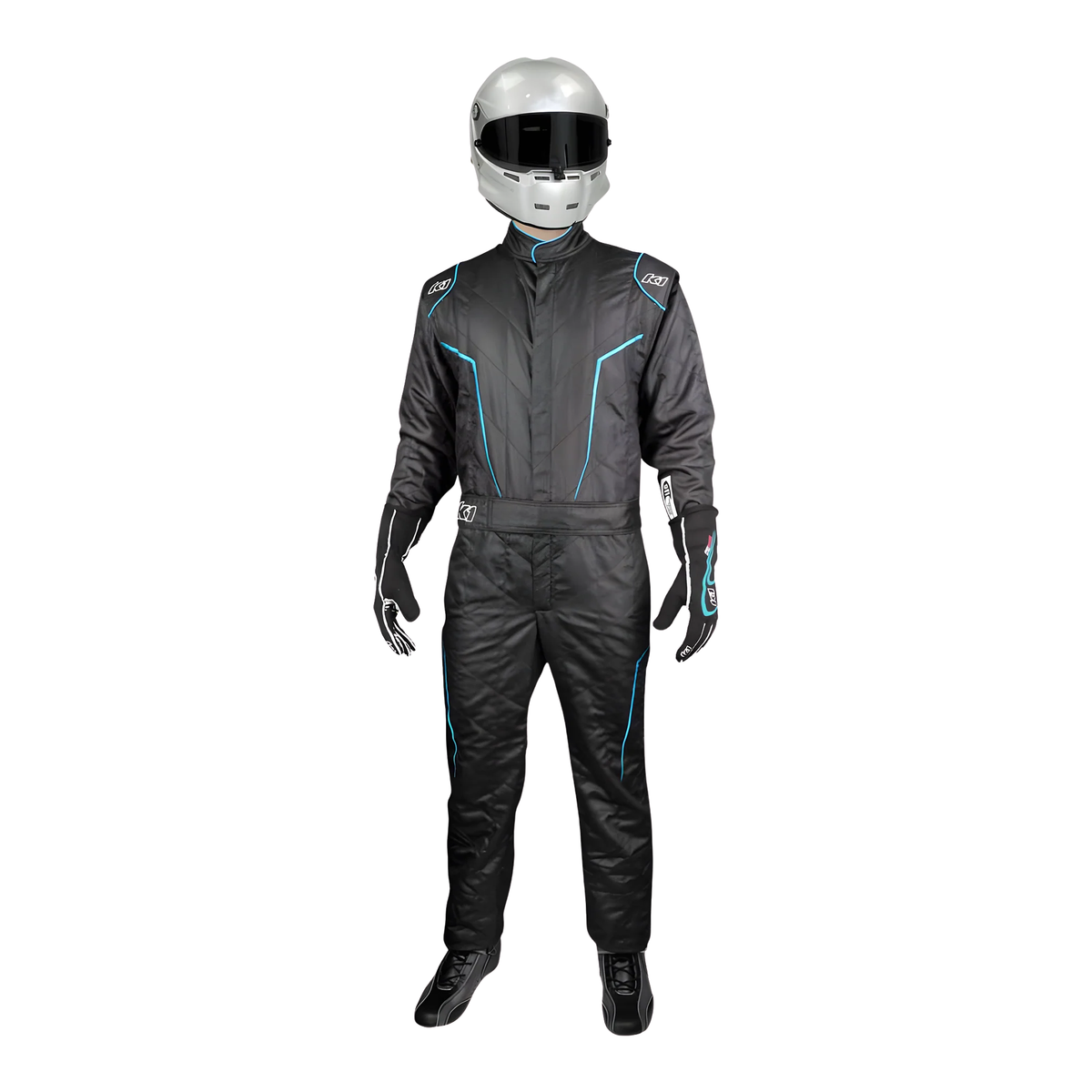 The front of the black and flo blu SFI 3.2A/5 homologated K1 RaceGear GT-2 SFI Racing Suit.