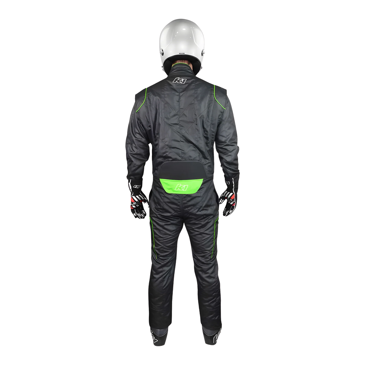 The back of the black and flo green SFI 3.2A/5 homologated K1 RaceGear GT-2 SFI Racing Suit.