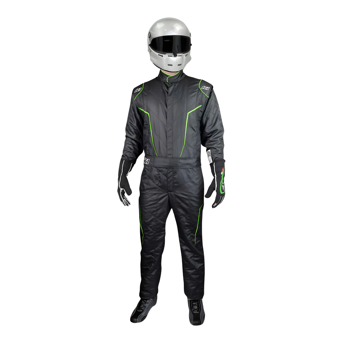 The front of the black and flo green SFI 3.2A/5 homologated K1 RaceGear GT-2 SFI Racing Suit.
