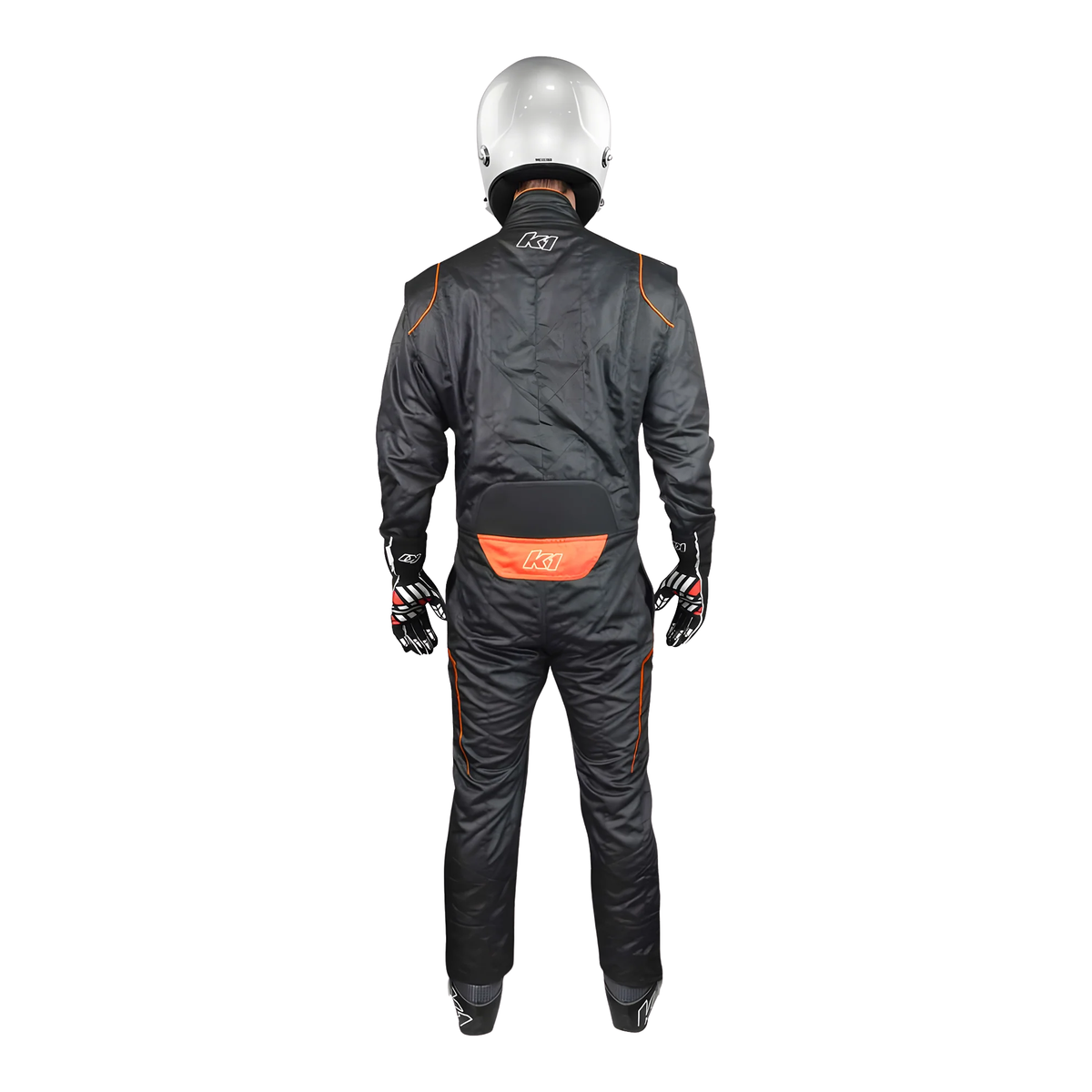 The back of the black and flo orange SFI 3.2A/5 homologated K1 RaceGear GT-2 SFI Racing Suit.