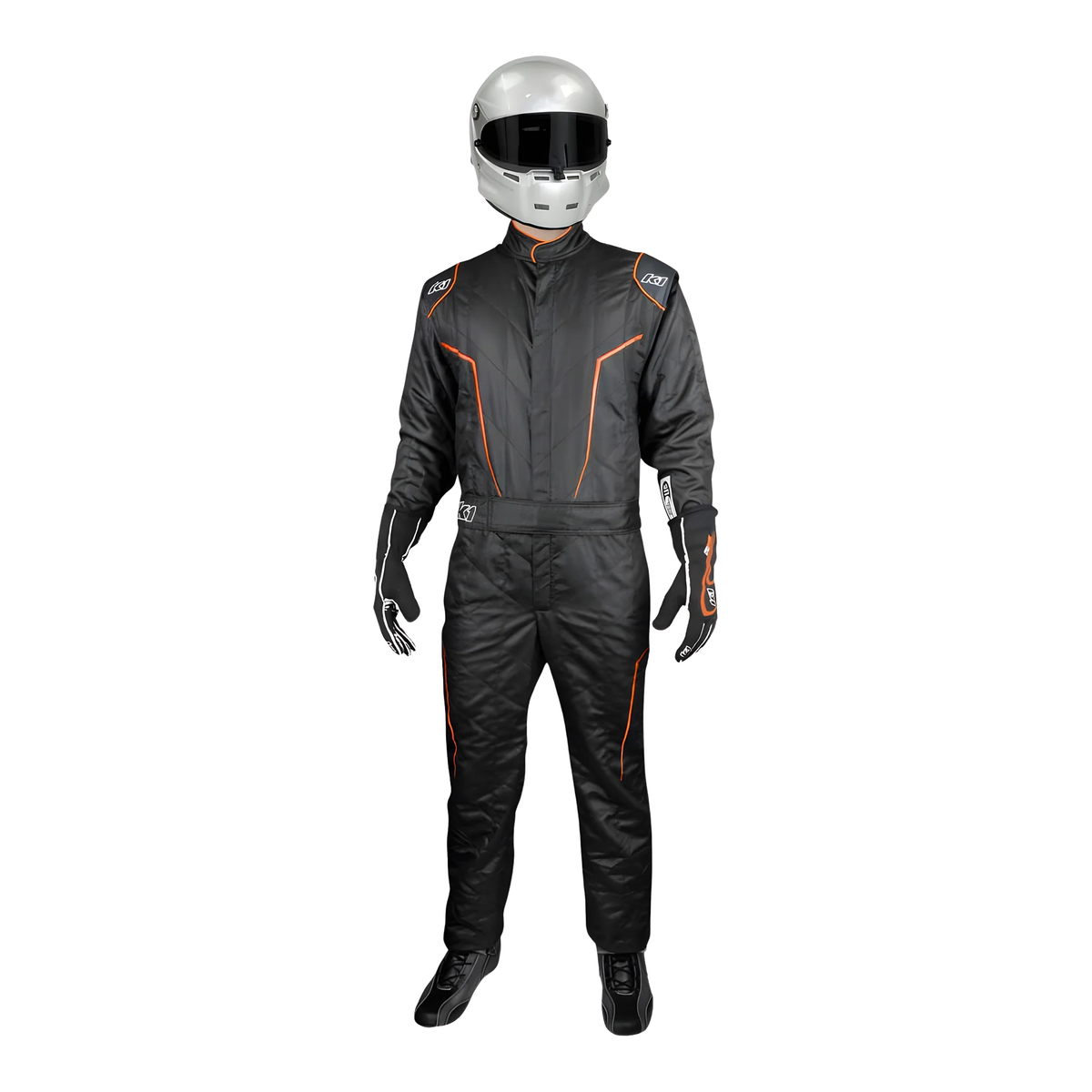 The front of the black and flo orange SFI 3.2A/5 homologated K1 RaceGear GT-2 SFI Racing Suit.