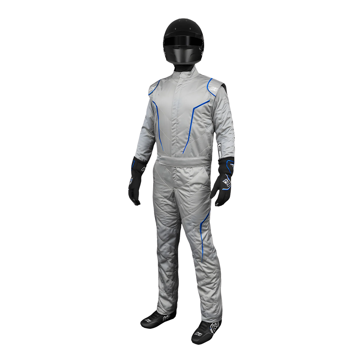 The front of the gray and blue SFI 3.2A/5 homologated K1 RaceGear GT-2 SFI Racing Suit.