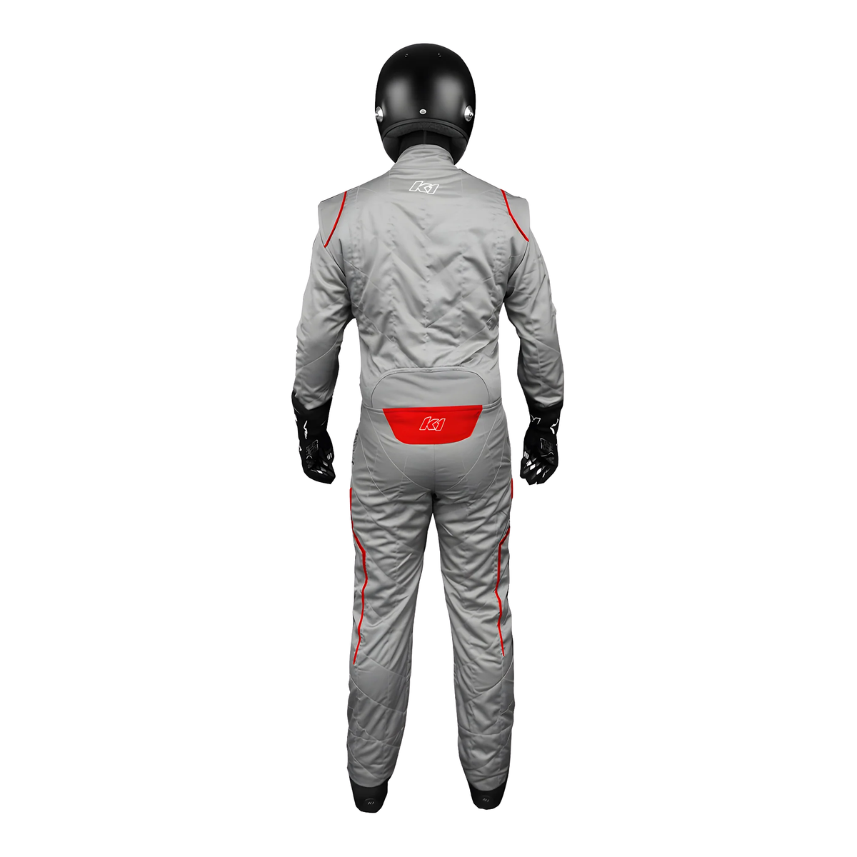 The back of the gray and red SFI 3.2A/5 homologated K1 RaceGear GT-2 SFI Racing Suit.