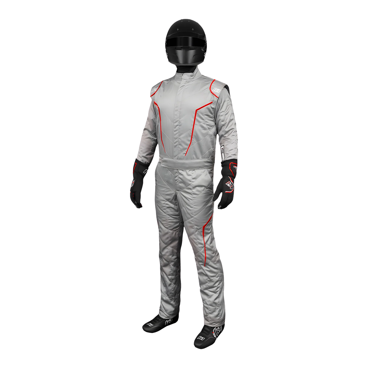 The front of the gray and red SFI 3.2A/5 homologated K1 RaceGear GT-2 SFI Racing Suit.