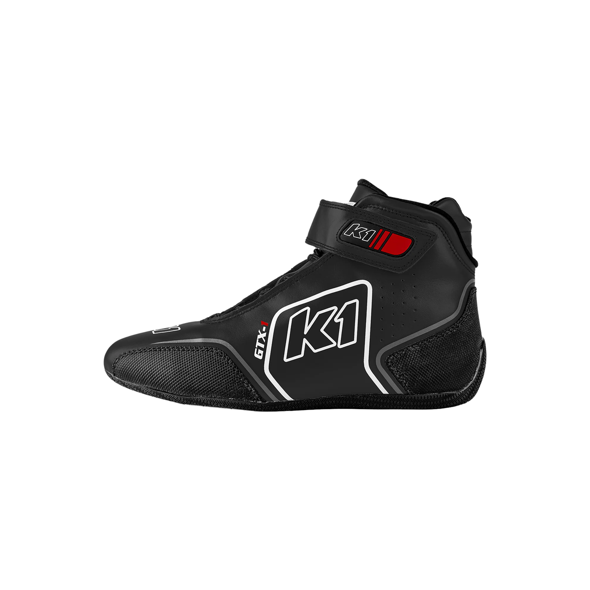 The black SFI 3.3/5 homologated K1 RaceGear GTX Nomex Racing Shoes.