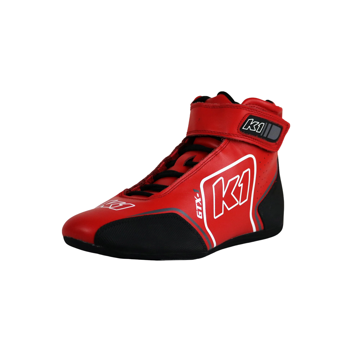 The red SFI 3.3/5 homologated K1 RaceGear GTX Nomex Racing Shoes close up.
