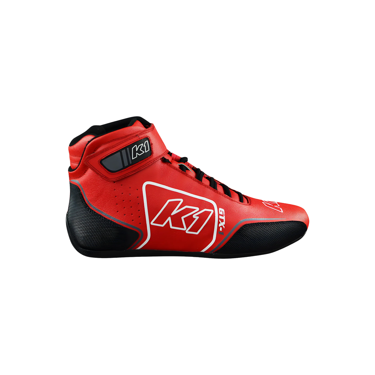 The red SFI 3.3/5 homologated K1 RaceGear GTX Nomex Racing Shoes.