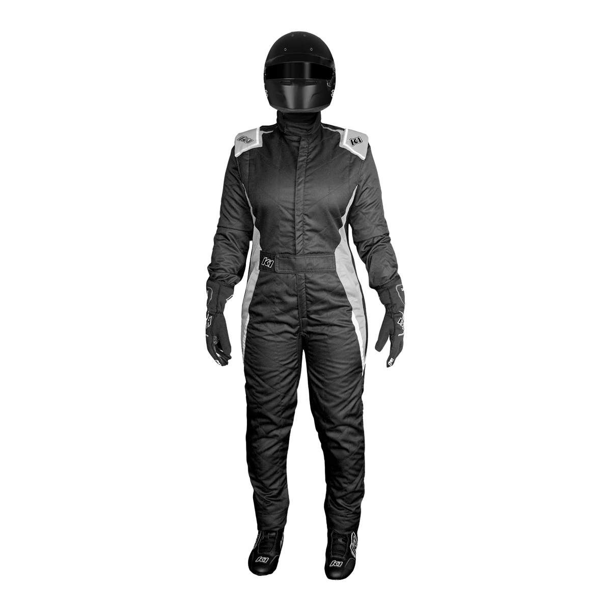 The front of the black and gray SFI 3.2A/5 homologated K1 RaceGear Layla SFI Women's Racing Suit.
