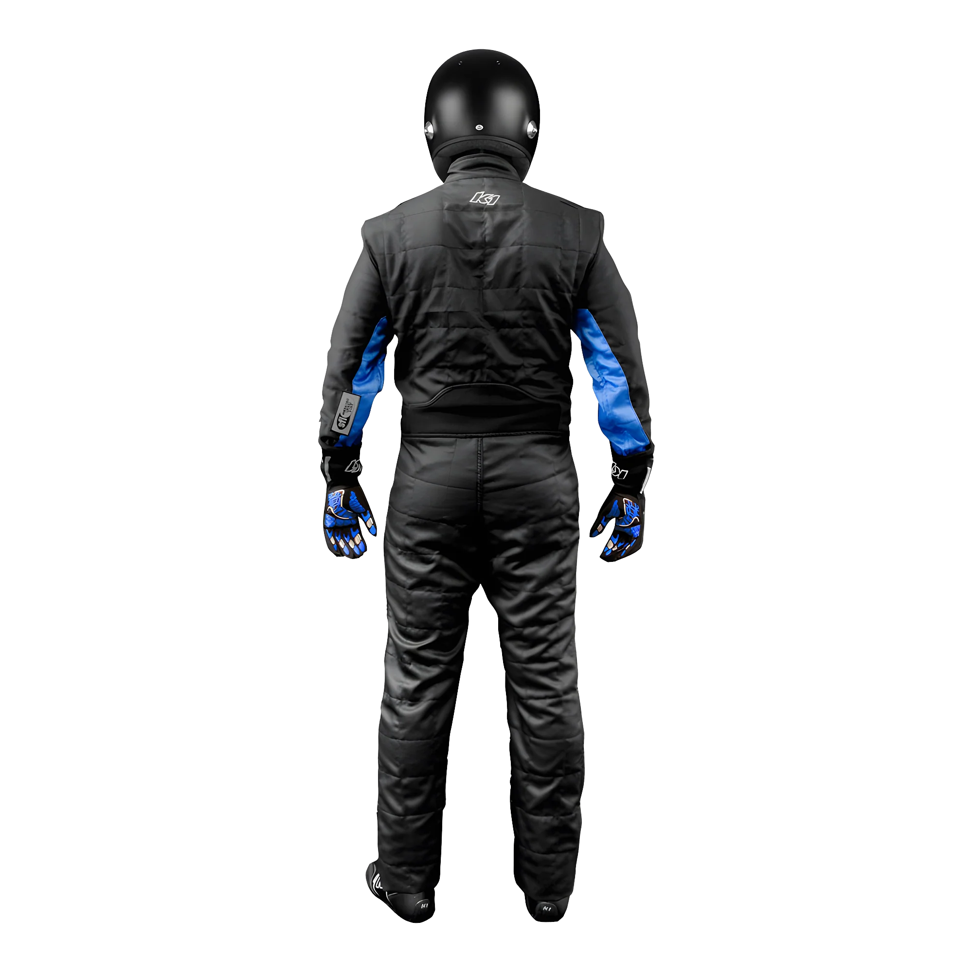 The back of the black and blue K1 RaceGear Outlaw One-Piece Racing Suit.