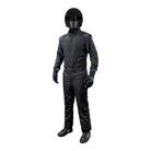The front of the black and blue K1 RaceGear Outlaw One-Piece Racing Suit.